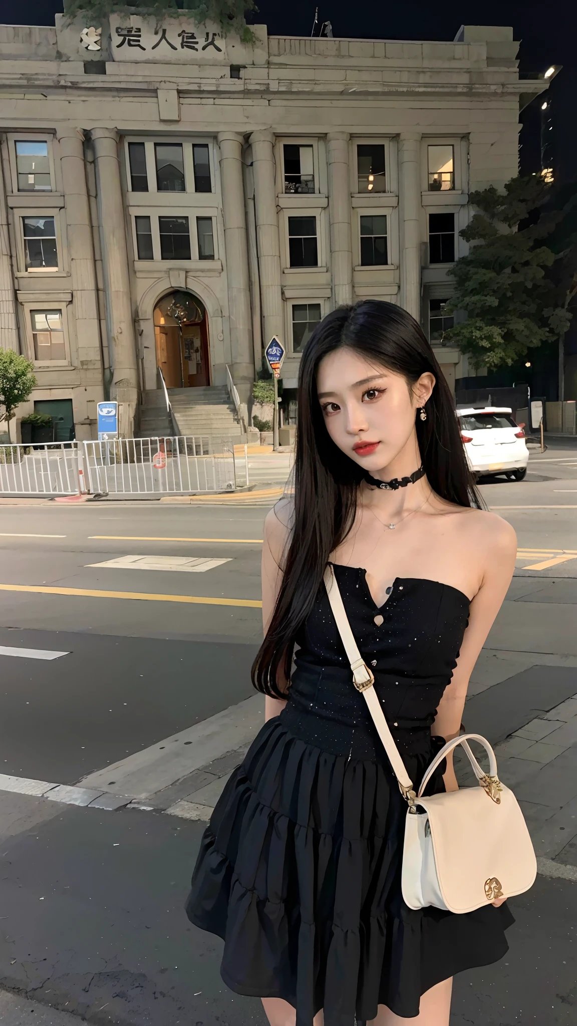 Alapi woman in black dress standing on a street corner, Bandeau dress, cruel korean goth girl, Asian girl with long hair, photo of slim girl model, full-body xianxia, photo of slim girl, jisoo from blackpink, Chinese girl, Anime girl wearing black dress, She has black hair,By bangs, wearing black camisole outfit