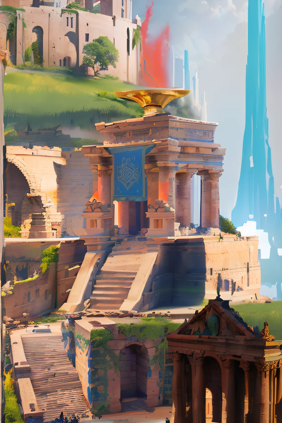 There is a small model of the building，roman festival backdrop, palace background, stunning arcanum backdrop,  surrealistic roman architecture, Roman background, matte painting arcane dota pixar, Stylized concept art, Temple background, greek fantasy panorama, hyper detailed scene, painted as a game concept art, concept-art