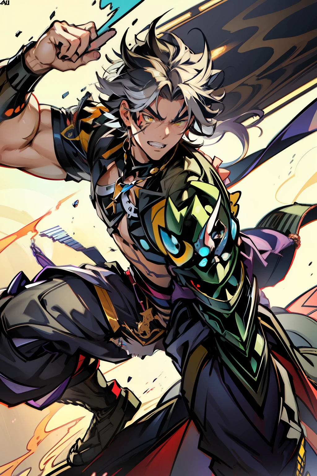 《the original god》Arataki Kazuto , male people,,((Masterpiece)), ((Best quality)), Ultra detailed,((illustration)), Dynamic Angle, Detailed light, (Delicate eyes), Floating, 1boy, Male focus, Head, Clothing, Yellow eyes, necklace, tattoo, (Forehead:0.8), (ahoge:0.8), jewelry, apathy,Ray, chest muscle, Sexy , Venom symbiote for your body, Black mucus of the body , (into venom), Venom,frontage,style of anime4 K, 4K anime wallpaper, Badass anime 8 K, 4 k comic wallpaper, young anime man, Anime boys, Anime wallpapers 4 k, Anime wallpaper 4K, High quality anime art style, Anime moe art style, Anime art wallpaper 8 K, Anime art wallpaper 4 K, RGB lighting