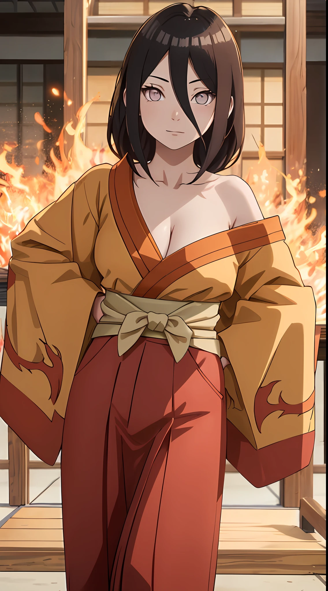 tmasterpiece， hoang lap ， （Complicated details）， （rich colourful）， 电影灯光， the Extremely Detailed CG Unity 8K Wallpapers ， Hinata flower proportions， 1girll， 独奏， orange kimono， Red hakama skirt， obi strip， Wide sleeves， looking at viewert， Keep one's mouth shut， ventania， Combat posture， cleavage，Off-the-shoulder attire，