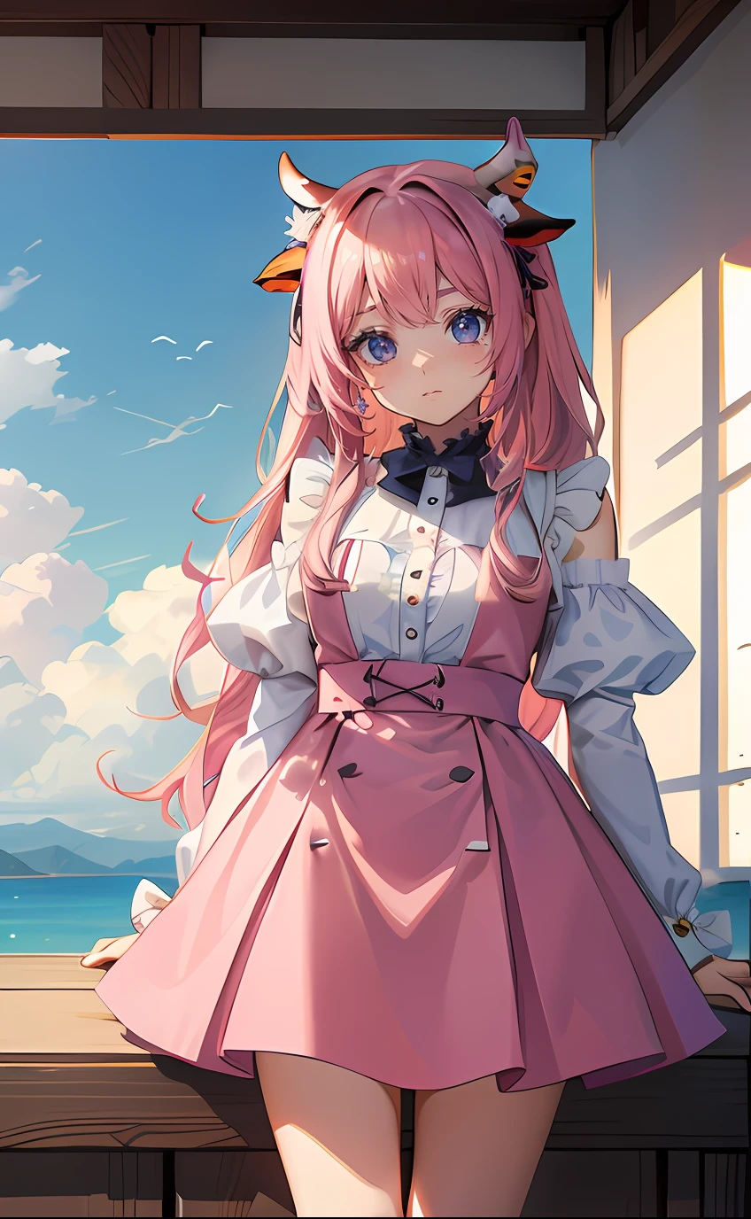((Obra maestra, La mejor calidad;1.3)), Ultra detallado, Fondo de pantalla de 8K Unity, CG, illustration, De color, cinematic shadows , (colorido: 1.5), 2D, 4K, HD , anime , MORADO, MORADO, kemonomimi cow , pelo turquesa , ojo izquierdo yellow , ojo derecho pink , vestido Pink and blue , botas pink, corazones , cow,