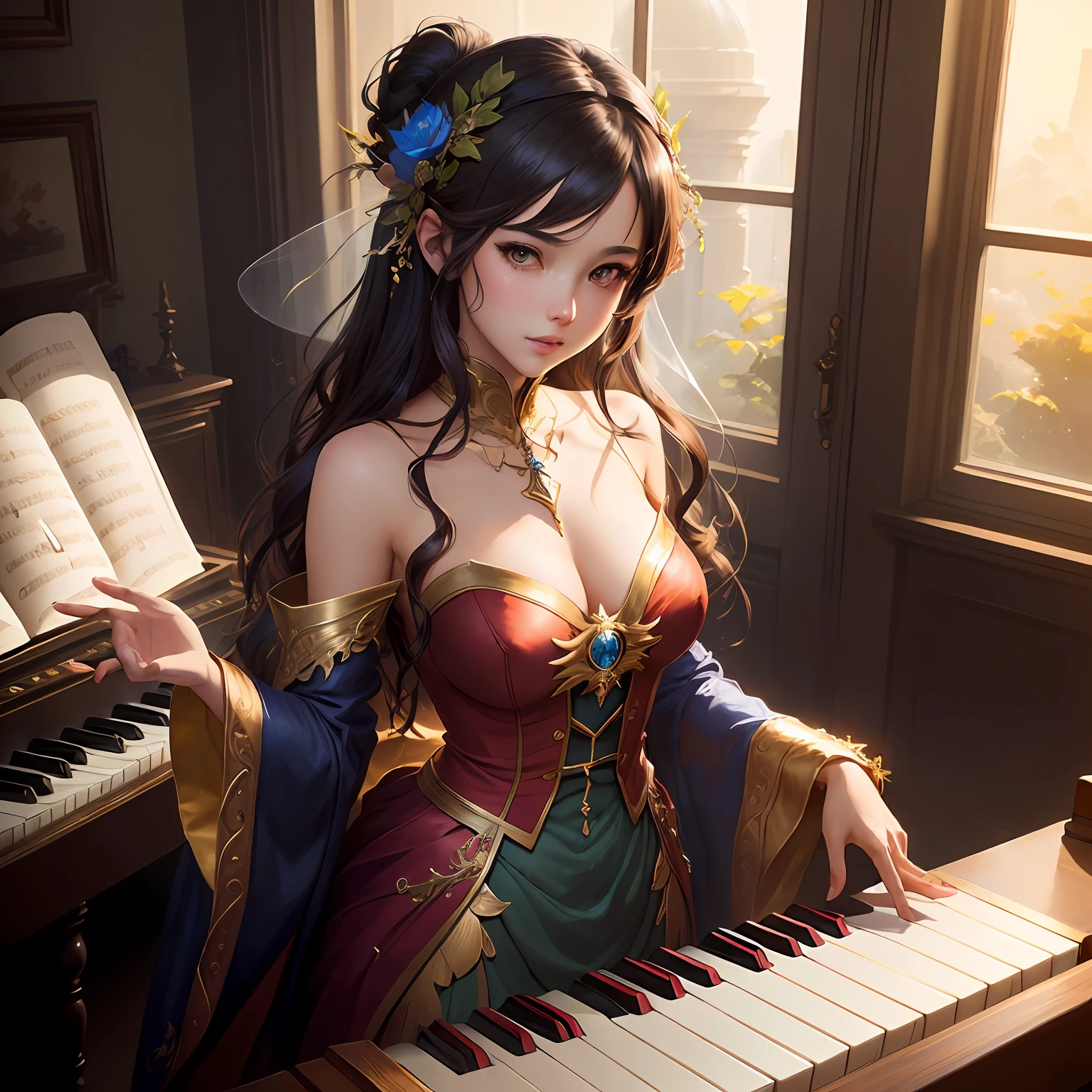 Beautiful woman、playing piano、Playing the piano、Anime - style image of woman in fairy costume, Fantasy Art Style, cushart krenz key art feminine, anime fantasy illustration, 2. 5 d cgi anime fantasy artwork, ! Dream ArtGerm, Very detailed ArtGerm, guweiz on pixiv artstation, anime fantasy artwork, portrait of fairy, portrait of fairy