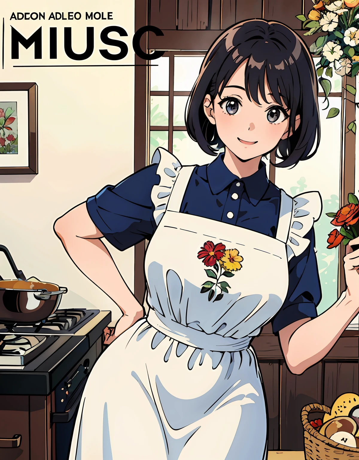(Best Quality, Masterpiece), Women's Culinary Magazine Cover, 1girl, 30 age old, Amazing, adolable, A heartwarming smile, Hourglass figure, Wear floral dresses, aprons, delicacies, charactor, schematics, ads, magazine title,Bare chest