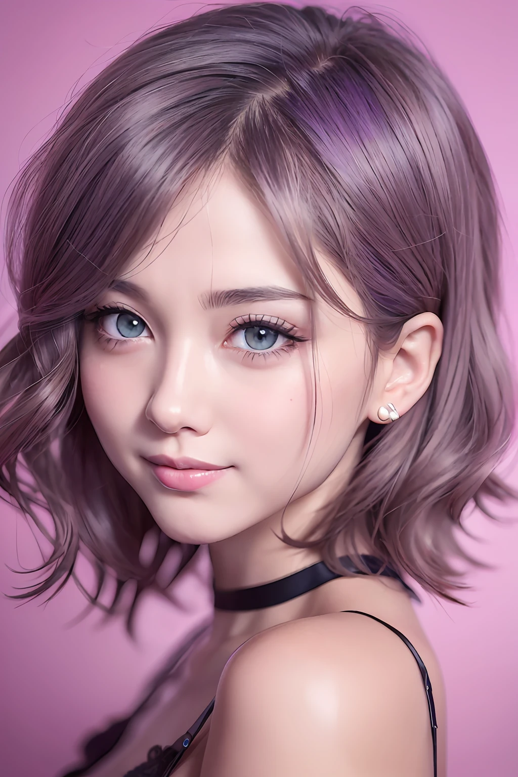 animesque、anime styled、Speciality、Moisturized eyes、Beautiful detailed eyes, (Short hair:1.2), (8K, Best Quality, masutepiece:1.2), (Realistic, Photorealsitic:1.37), Ultra-detailed, a closeup、portraitures、1 girl, Cute, purple color hair、Solo, (nose blush),(Smile:1.15),