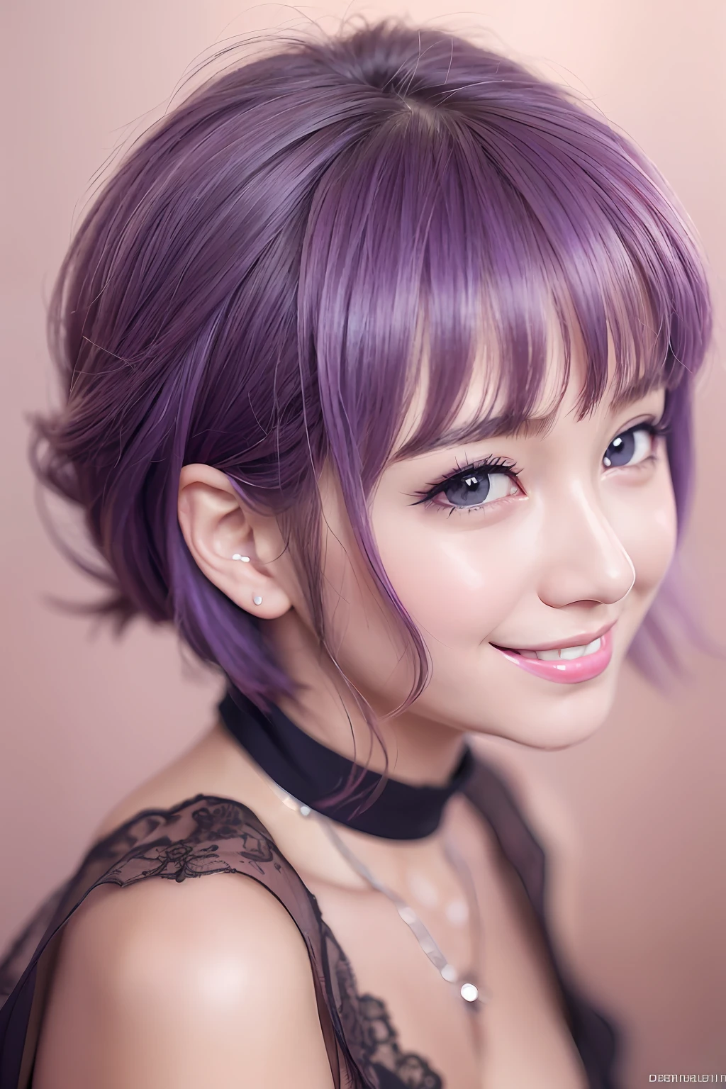 animesque、anime styled、Speciality、Moisturized eyes、Beautiful detailed eyes, (Short hair:1.2), (8K, Best Quality, masutepiece:1.2), (Realistic, Photorealsitic:1.37), Ultra-detailed, a closeup、portraitures、1 girl, Cute, purple color hair、Solo, (nose blush),(Smile:1.15),