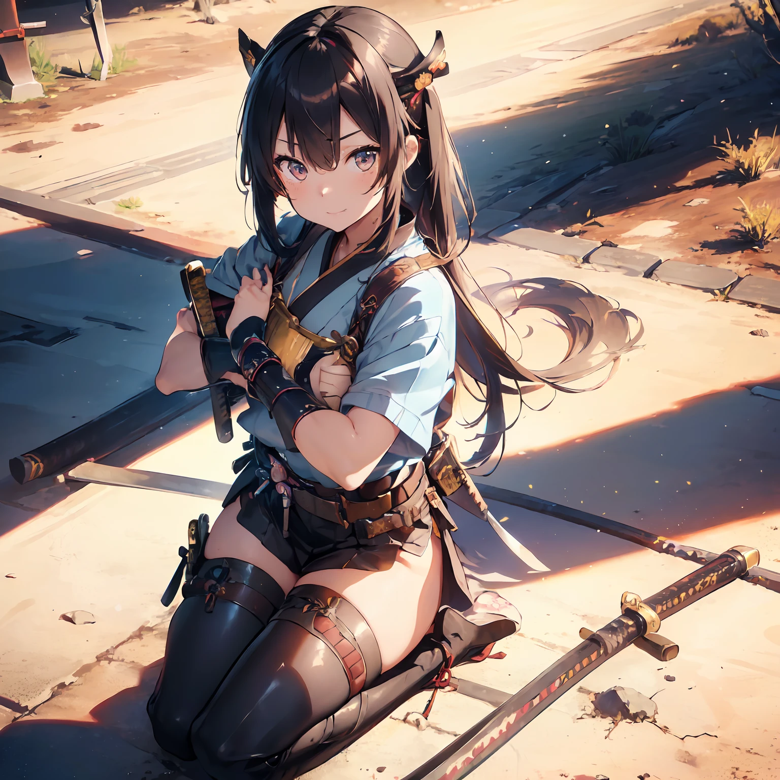 1girl, ((sexy anime girl)),(Golden Ratio:1.2),(cowboy clothing:1.2), ((revolvers)), holstered guns,(fault color:1.3),[(desert background:1.4)::10], (full body:1.2),(ultra-detailed:1.3),(samurai:1.6),(katana:1.6), (boots),(gun belt:1.6),(aura:1.2),full body, standing in desert planet,(cool:1.2),(colorful hair),(long shadows) (chaotic geometric images:1.3),(nagative space:0.8),(drawing board:1.3), hyperrealiatic, insane detail, genshin (ether colorful ink flowing:1.3), sfw, (hyper realistic photo of 18 year old gorgeous 1girl on bed:1.2), skin-tight outfit, 4k, 8k, HDR, (depth of field:1.2), bokeh, ultra detailed, (mischievous:1.2) facial expression, (thick figure), ((sexy pose))((combat pose)), ((spreading legs)), [narrow hips]