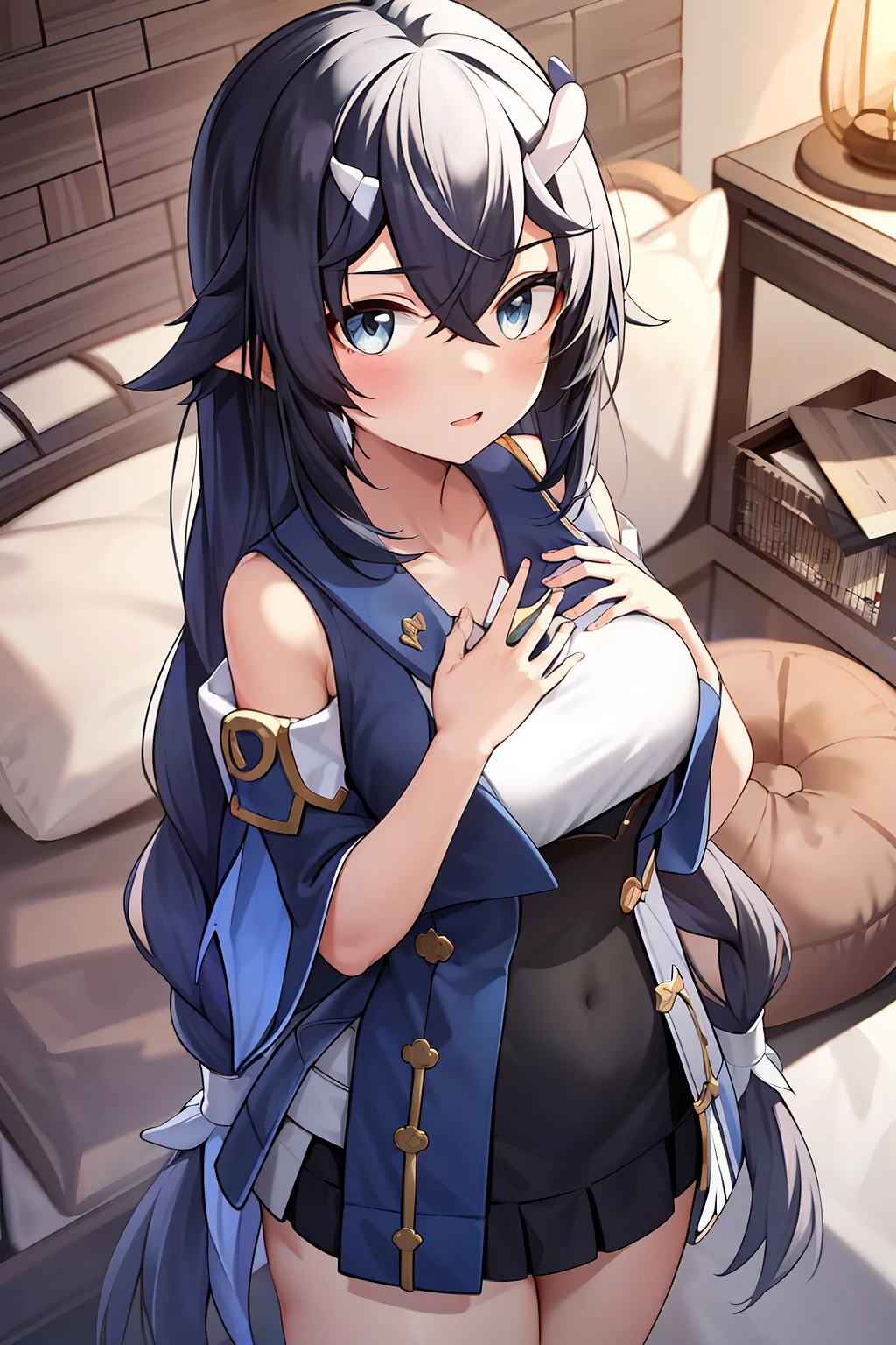 s girl,Long black hair and waist,gentleness,The chest is probably only a B cup,Holding a blue flame,