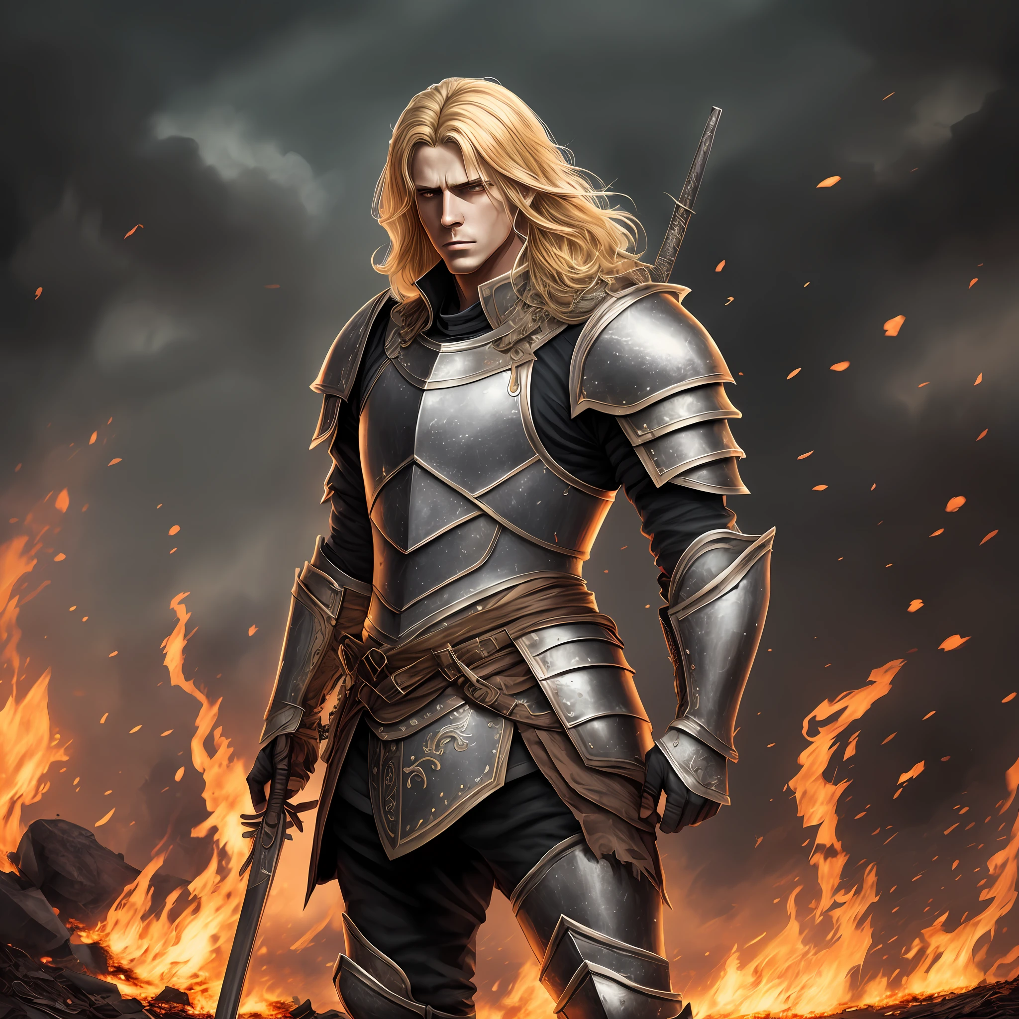 detailed illustration of blonde male divine paladin wearing plate armor, heavily damaged armor, standing on a battlefield with a sad face and desolate appearance, battlefield on fire as background, dirt, misery and decadence, dark ambient, tetradic colors, showing his face and hair --auto --s2