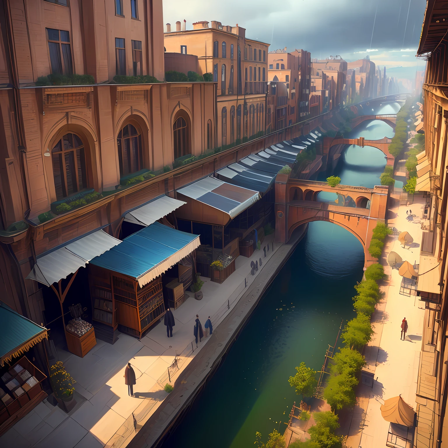 ((masterpiece)),((best quality)),((high detial)),((realistic,))
Industrial age city, deep canyons in the middle, architectural streets, bazaars, Bridges, rainy days, steampunk, European architecture