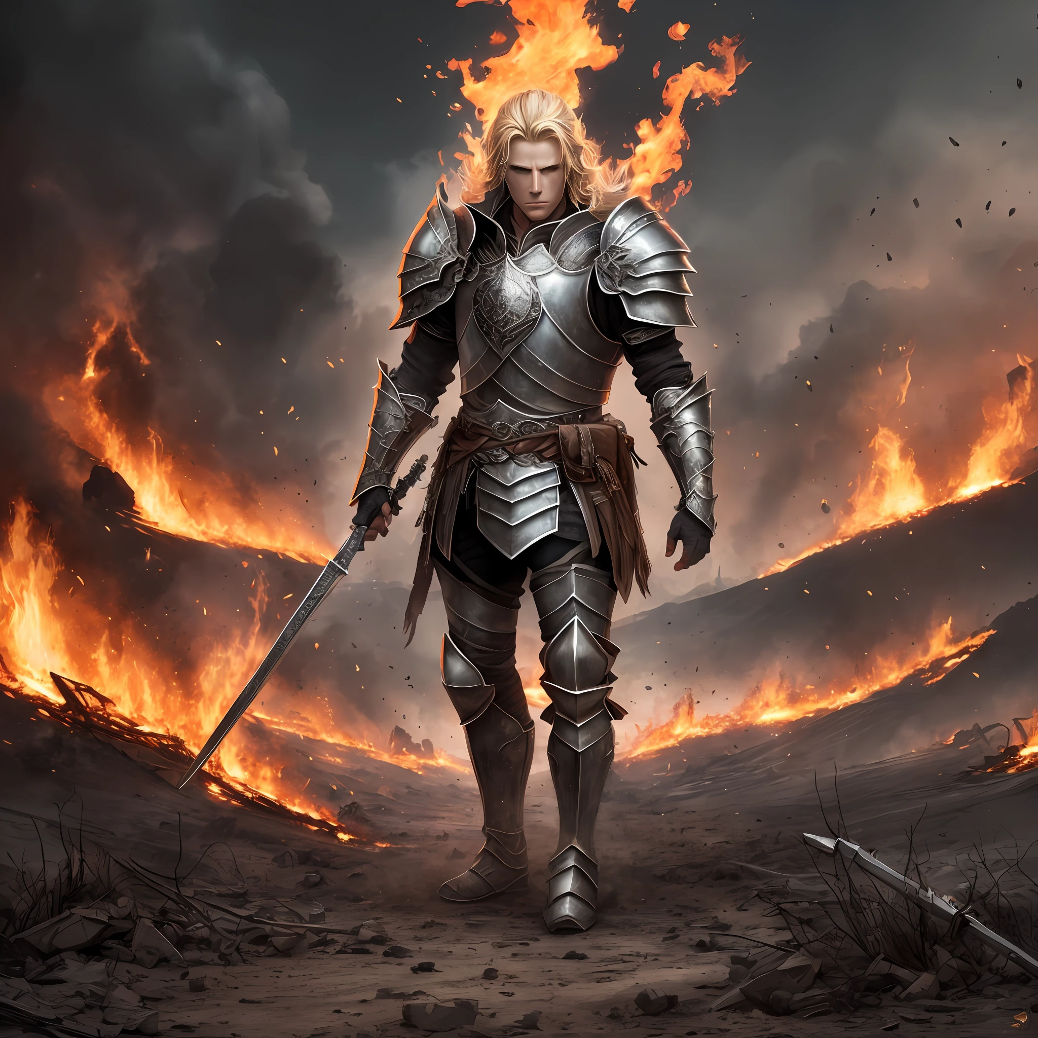detailed illustration of blonde male divine paladin wearing plate armor, heavily damaged armor, standing on a battlefield with a sad face and desolate appearance, battlefield on fire as background, dirt, misery and decadence, dark ambient, tetradic colors, showing his face and hair --auto --s2