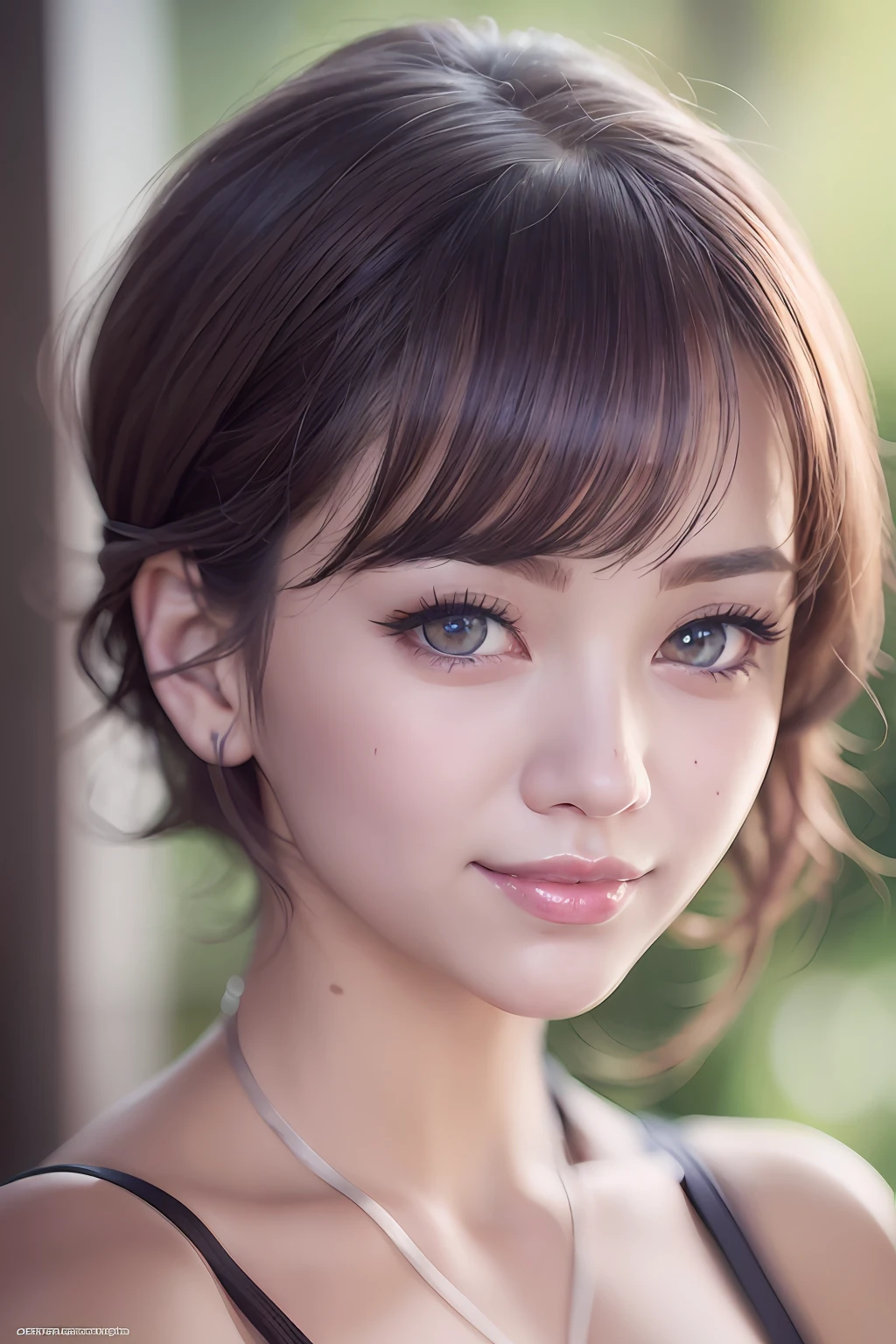 animesque、anime styled、Speciality、Moisturized eyes、Beautiful detailed eyes, (Short hair:1.2), (8K, Best Quality, masutepiece:1.2), (Realistic, Photorealsitic:1.37), Ultra-detailed, a closeup、portraitures、1 girl, Cute, purple color hair、Solo, (nose blush),(Smile:1.15),
