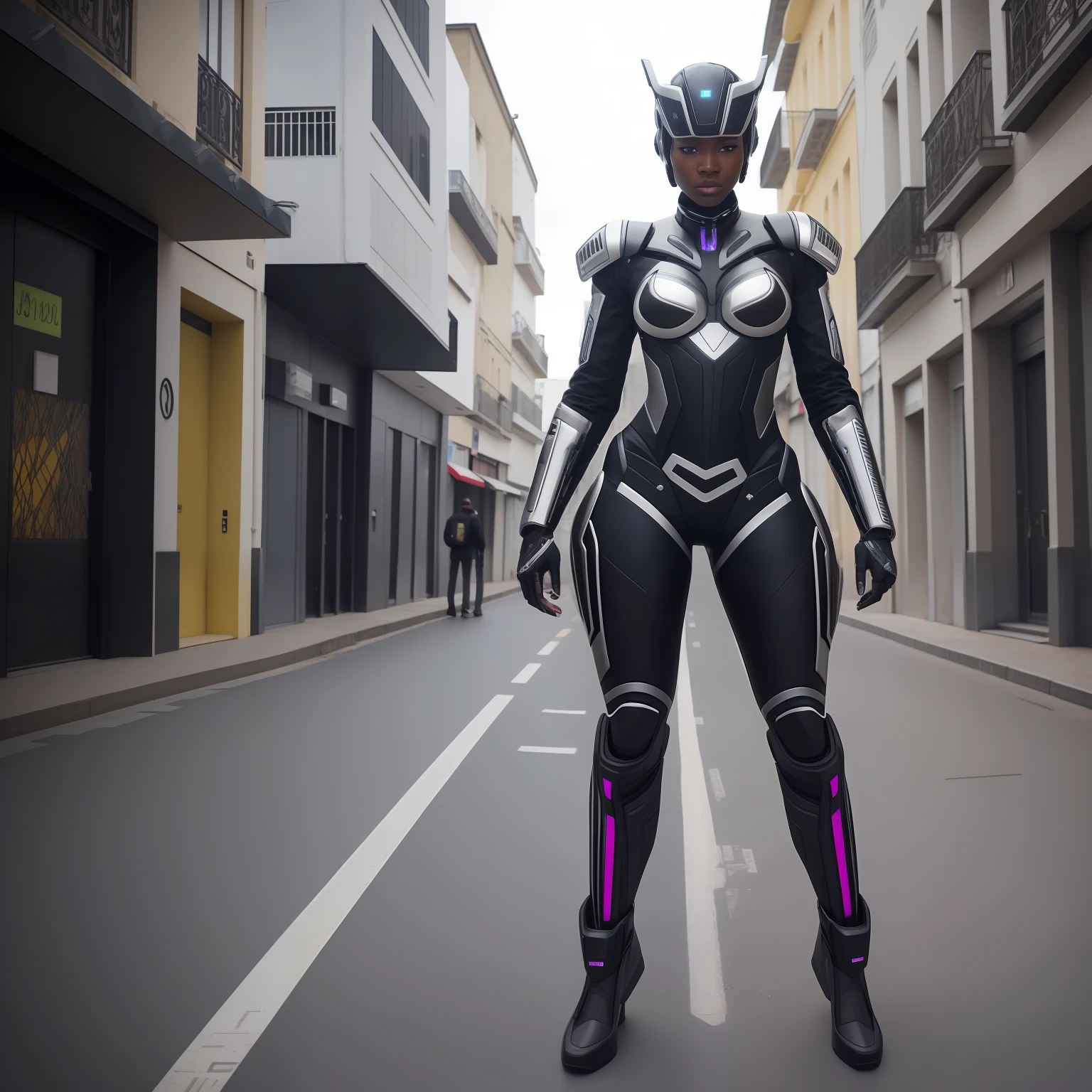 Hyperrealistic photograph of the entire body of an African woman hybrid robot cyber augmented, dans les rues d'une ville futuriste. Dressed in a futuristic streetwear style, Detailed and complex eye colors, Ornate detail + perfectionnisme + Hypermétamorphose + Ultra-detailed scale. The film is made with Canon EOS 5D Mark IV and Fujifilm Superia X-TRA400