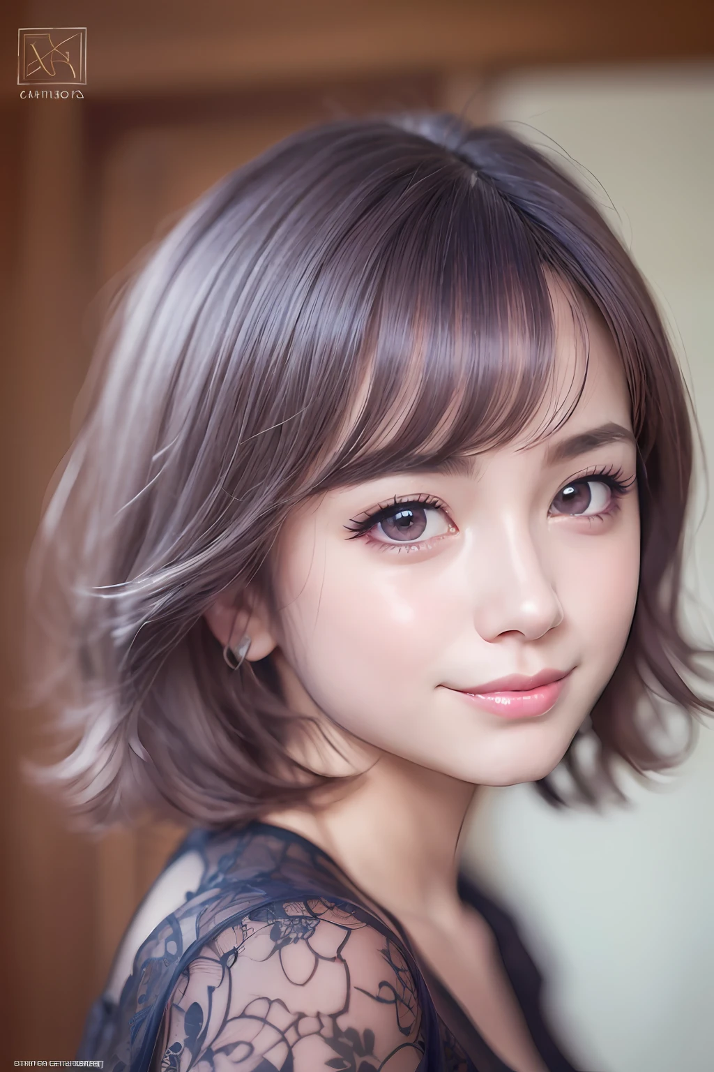 animesque、anime styled、Speciality、Moisturized eyes、Beautiful detailed eyes, (Short hair:1.2), (8K, Best Quality, masutepiece:1.2), (Realistic, Photorealsitic:1.37), Ultra-detailed, a closeup、portraitures、1 girl, Cute, purple color hair、Solo, (nose blush),(Smile:1.15),