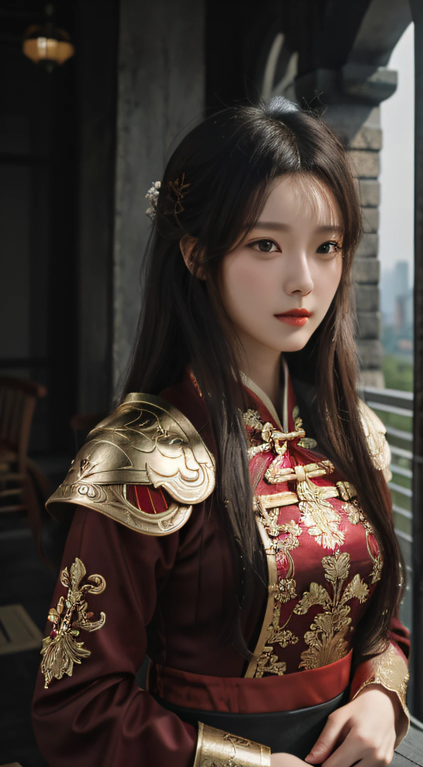 ((Best quality, 8K, Masterpiece :1.3)), Whole body, Long legs, Sharp focus :1.2, Pretty Women with Perfect Figure :1.4, Slender abs :1.1, Lower body red Chinese dress, red color Hanfu, Hanfu, Black Chinese armor on the upper body, worn armor, Black armor，Highly detailed face and skin texture, Detailed eyes, 二重まぶた, Beautiful curves, Upper body, looking at viewert, looking at viewert, Vacant land, battlefield, high resolution, Depth of field