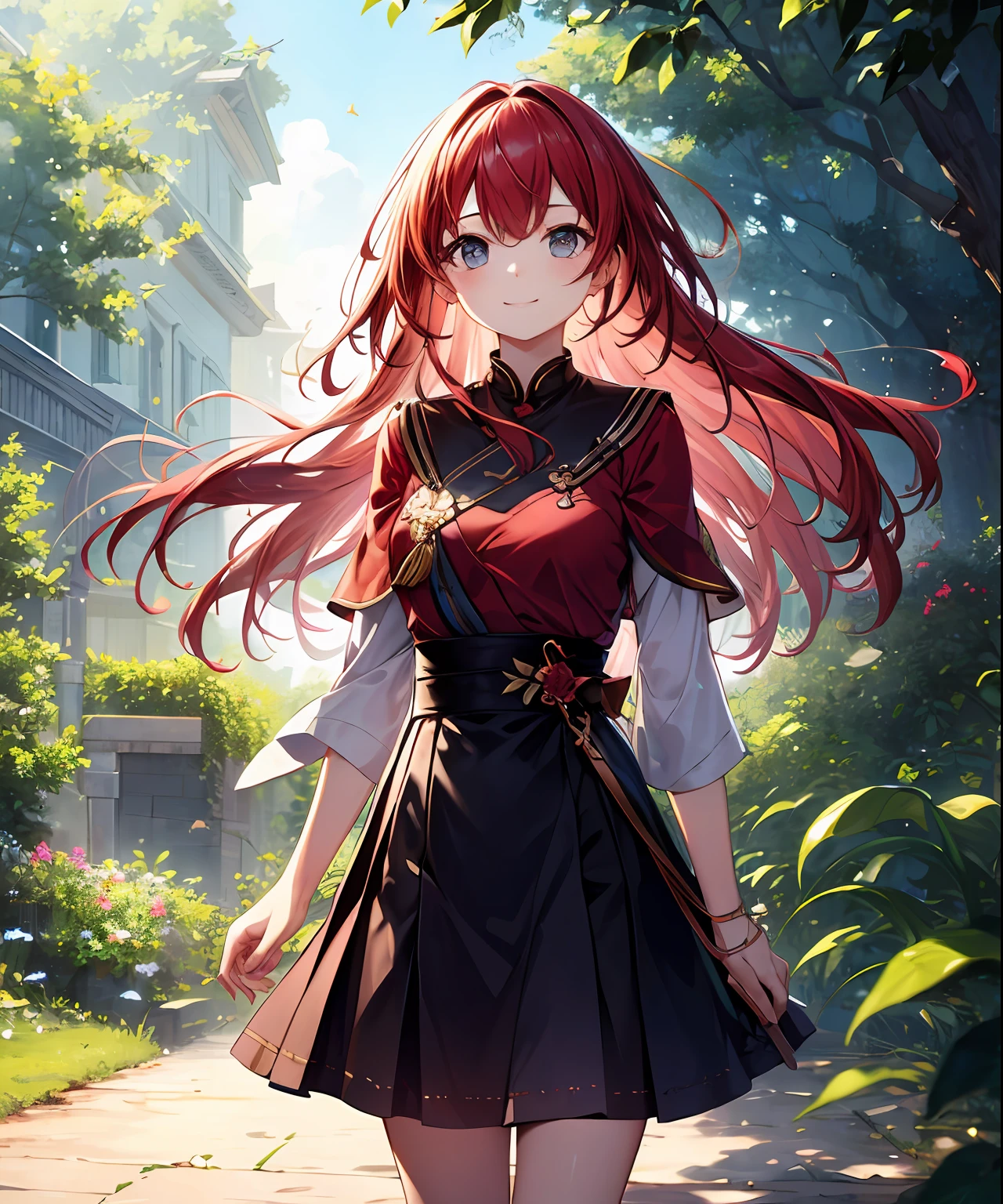 (​masterpiece、top-quality)、frontage、独奏、1girl in、is standing、Hands folded behind your back、amidst nature、A smile、The long-haired、Light red hair、Hair flutters in the wind、with light glowing、Windy、Adult、