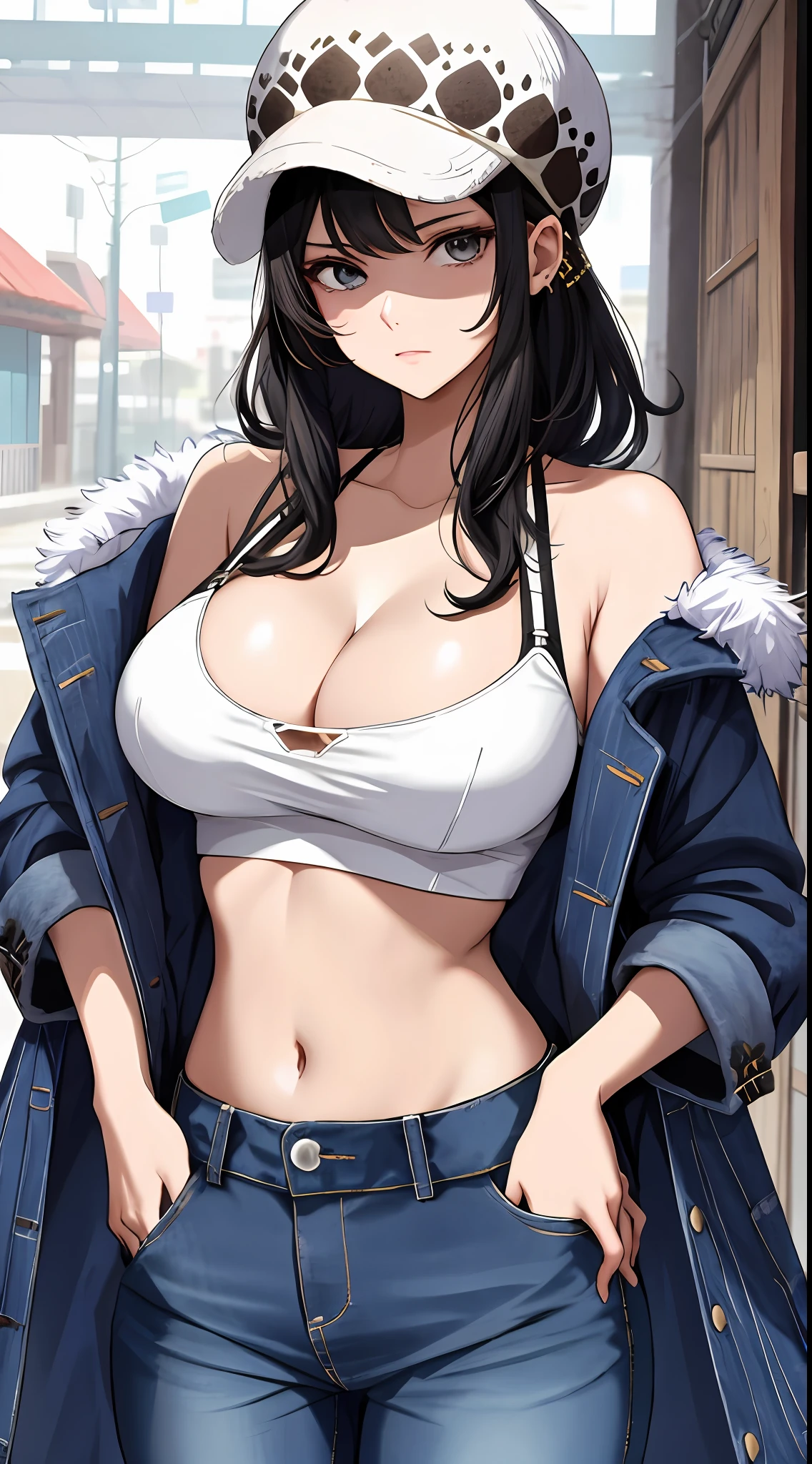 tmasterpiece，Best quality at best，8K，supreme，absurderes，cleavage，Off-the-shoulder attire，The is very detailed，Black hair，scowling，
femele， 独奏， looking at viewert， short detailed hair，big cleavage breasts， bucket-hat， nabel， halter，， 鎖骨， 耳Nipple Ring， hason， trouser，Manteau， fur-trim， Denim， denim pant， Fur decorative coat，