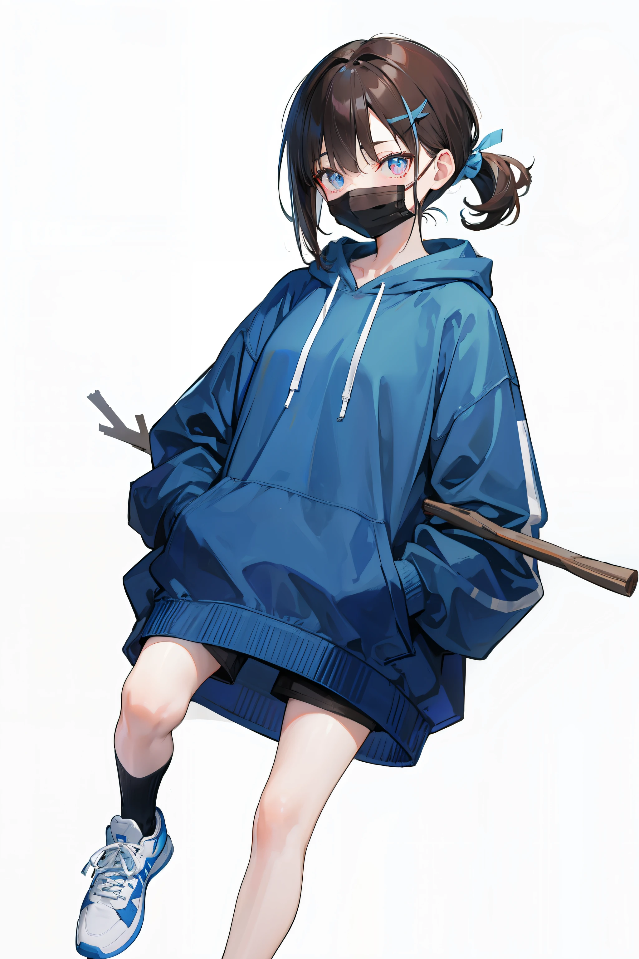 Color sweatshirt，hooding，with short brown hair，Bare legged，X-shaped hairpin，Light blue pupils，leg loops，Stick one hand in your pocket，Mare，Low ponytail，full bodyesbian，White sneakers，Bring a white mask