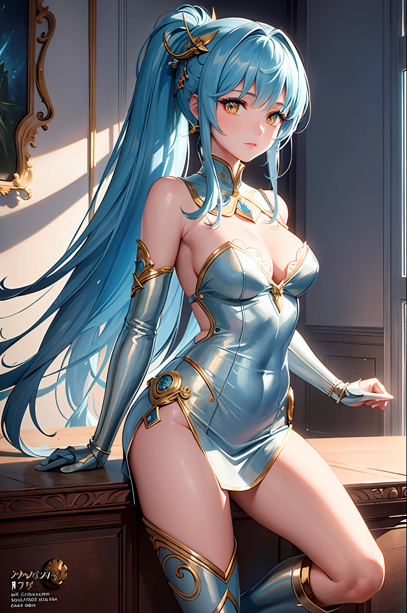 (((masterpiece))), (((best quality))), ((ultra-detailed)), (highly detailed CG illustration), ((an extremely delicate and beautiful)), cinematic light,((1girl)), solo, (upper body), (character focus), absurdres, high contrast, extreme detailed,colorful,highest detailed, science fiction, nanosuit, high ponytail, (light blue hair), yellow eyes, knee boots, (spacecraft interior), mechanical limbs, large breasts, metal wire,