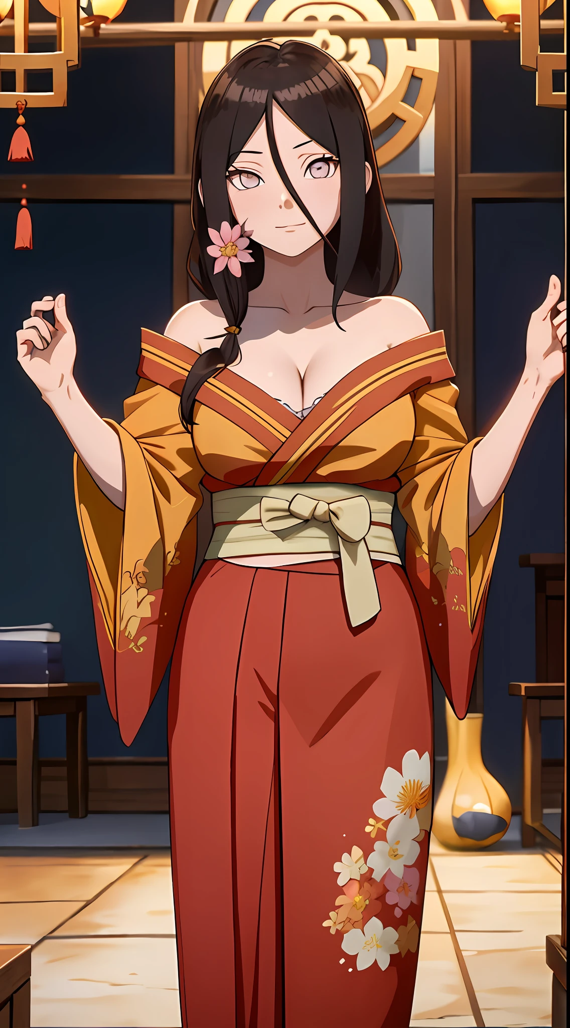 tmasterpiece， hoang lap ， （Complicated details）， （rich colourful）， 电影灯光， the Extremely Detailed CG Unity 8K Wallpapers ， Hinata flower proportions， 1girll， 独奏， orange kimono， Red hakama skirt， obi strip， Wide sleeves， looking at viewert， Keep one's mouth shut， ventania， Combat posture， cleavage，Off-the-shoulder attire，Large breasts