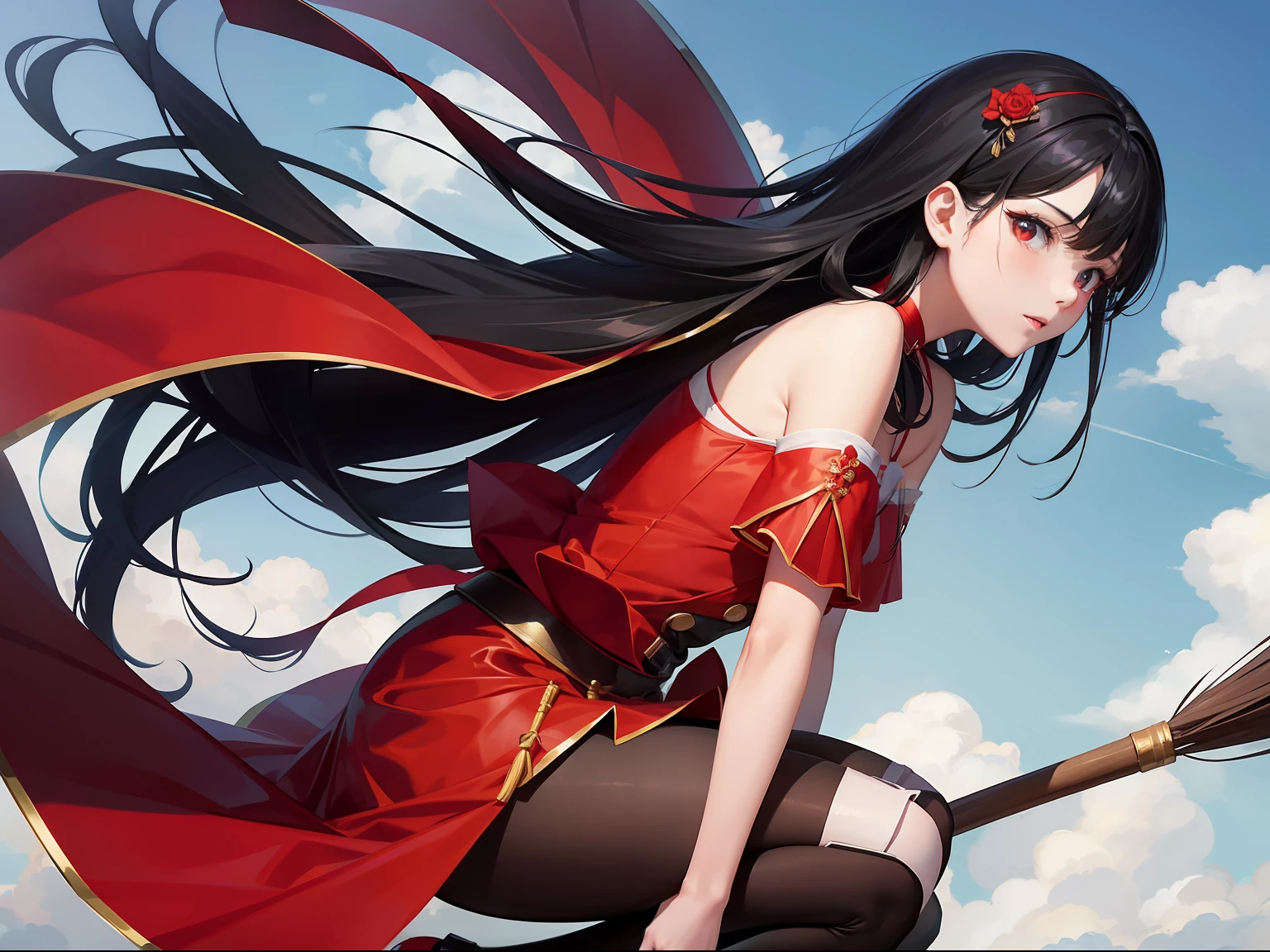 Black-haired girl in red clothes straddling a long broom、flying into the sky。beautidful eyes