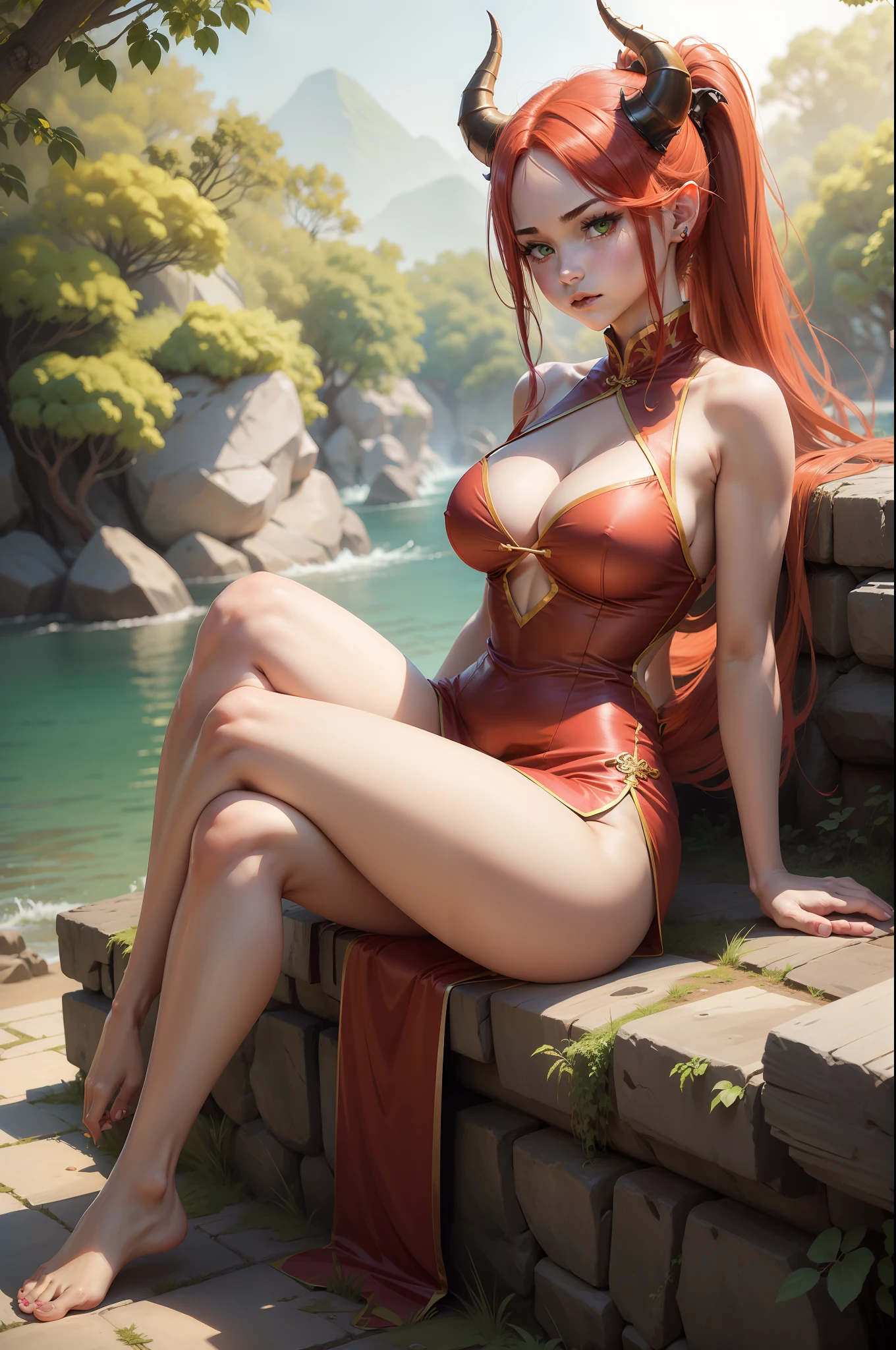 1girl, tail, red hair, dragon girl, solo, , horns, dress, barefoot, sitting, cleavagn tail, red dress, hair over one eye, cleavage cutout horns, clothing cutout, long hair, yellow eyes, blue sky, personification, ponytail, bush, closed mouth, sky, monster girl, bare legs, day, english text, outdoors, medium breasts, large breasts,ss, full body, ess, chinese clothes, sleeveless dress, green eyes, giant, toes, soles, china dress