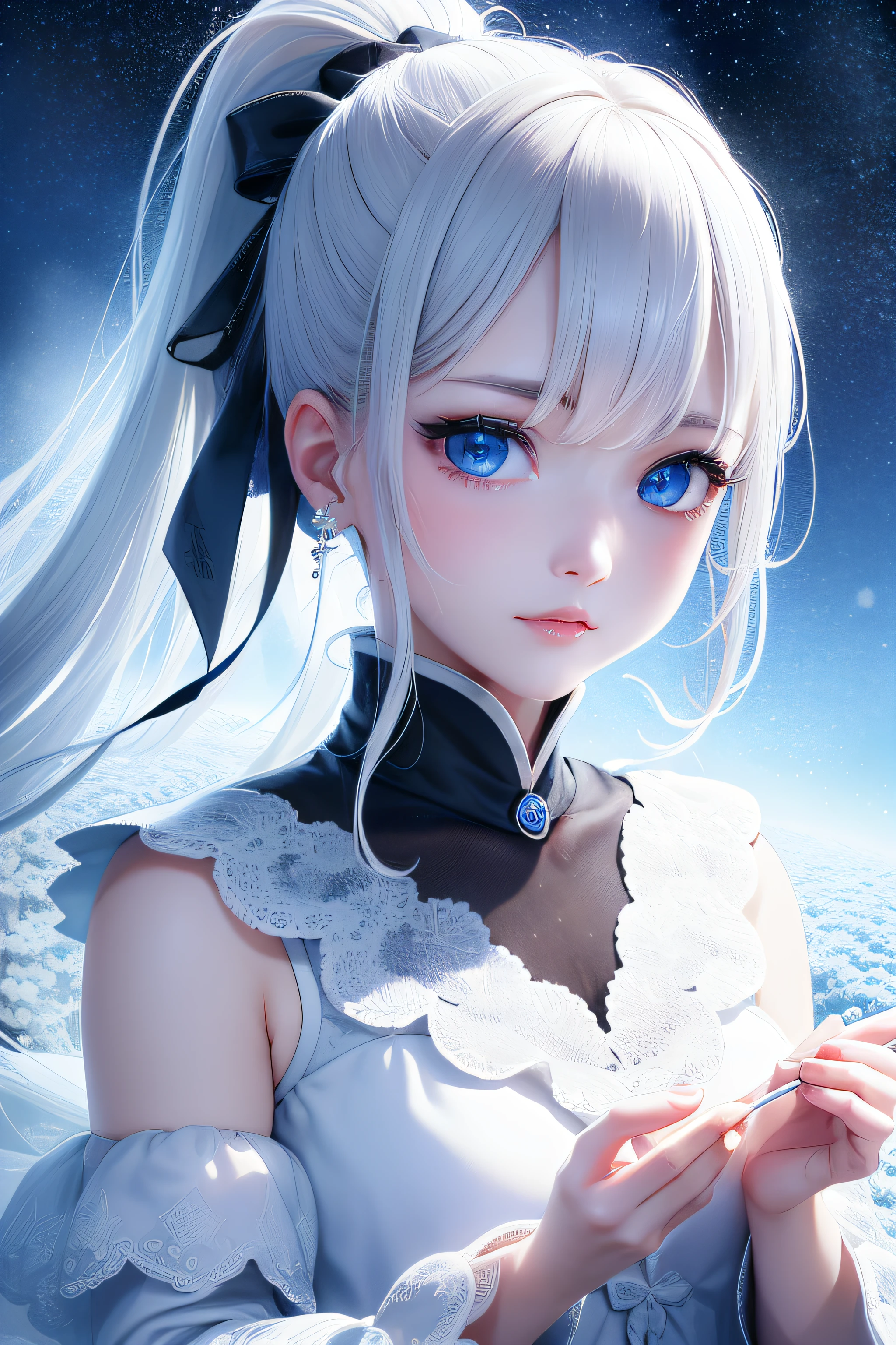 masterpiece、(top-quality:1.2)、(ultra-detailliert:1.2)、illustratio、(extremely delicate and beautiful:1.2)、scinematic angle、floating、(beatiful detailed eyes:1.1)、(Detailed light:1.1)、Cinematic lighting、Beautifully detailed sky、femele、Kin-haired、blue eyess、(High ponytail:1.1)、cloaks、radiant eyes、(a moon:1.2)、(rays of moonlight:1.1)、starrysky、(lighting particle:1.1)、foggy、Snow painting、Sketched、florals