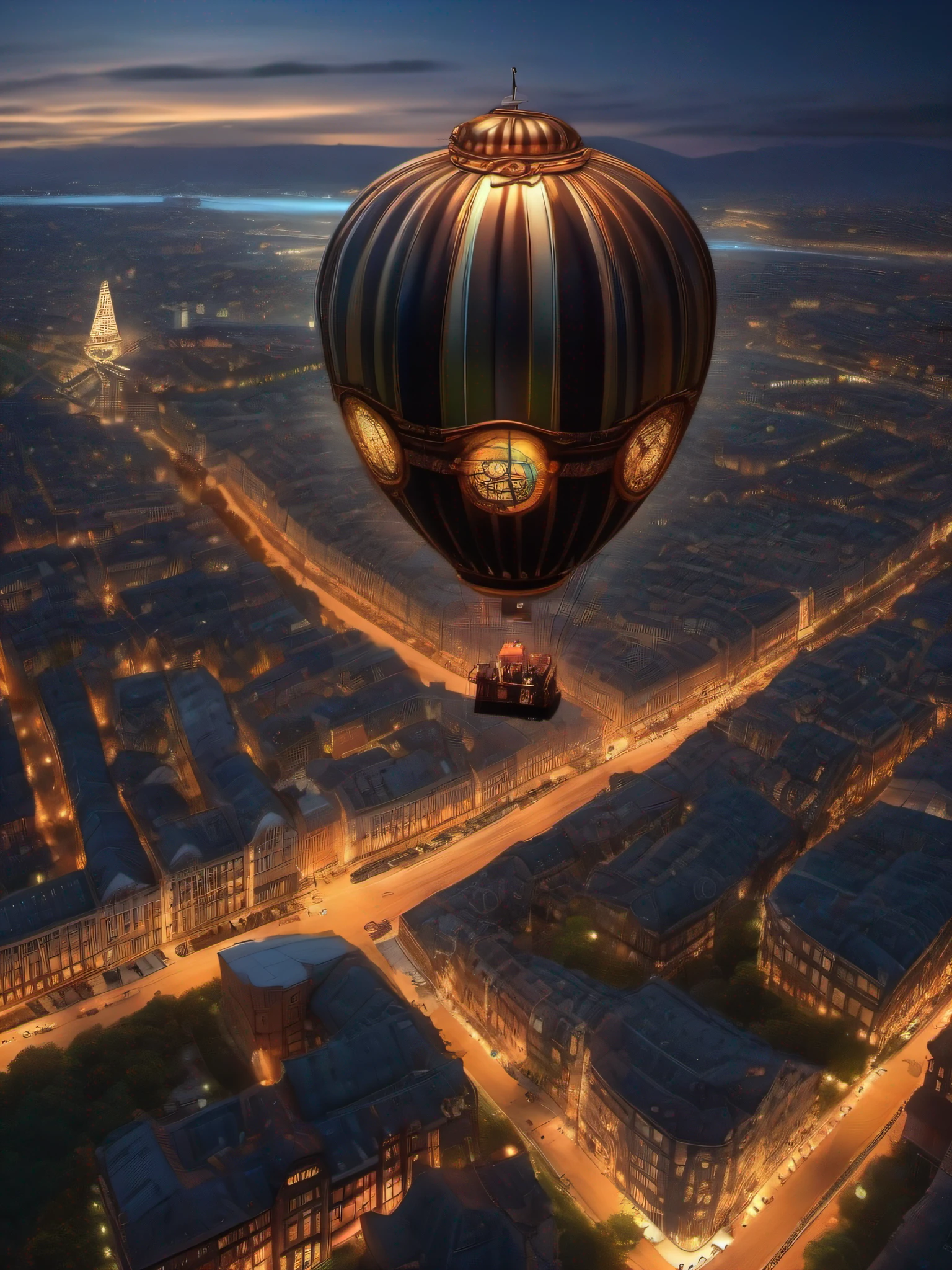 a steampunk balloon, flying over the city at night, panoramic view, ultra realistic, hyper defined, vibrant lights