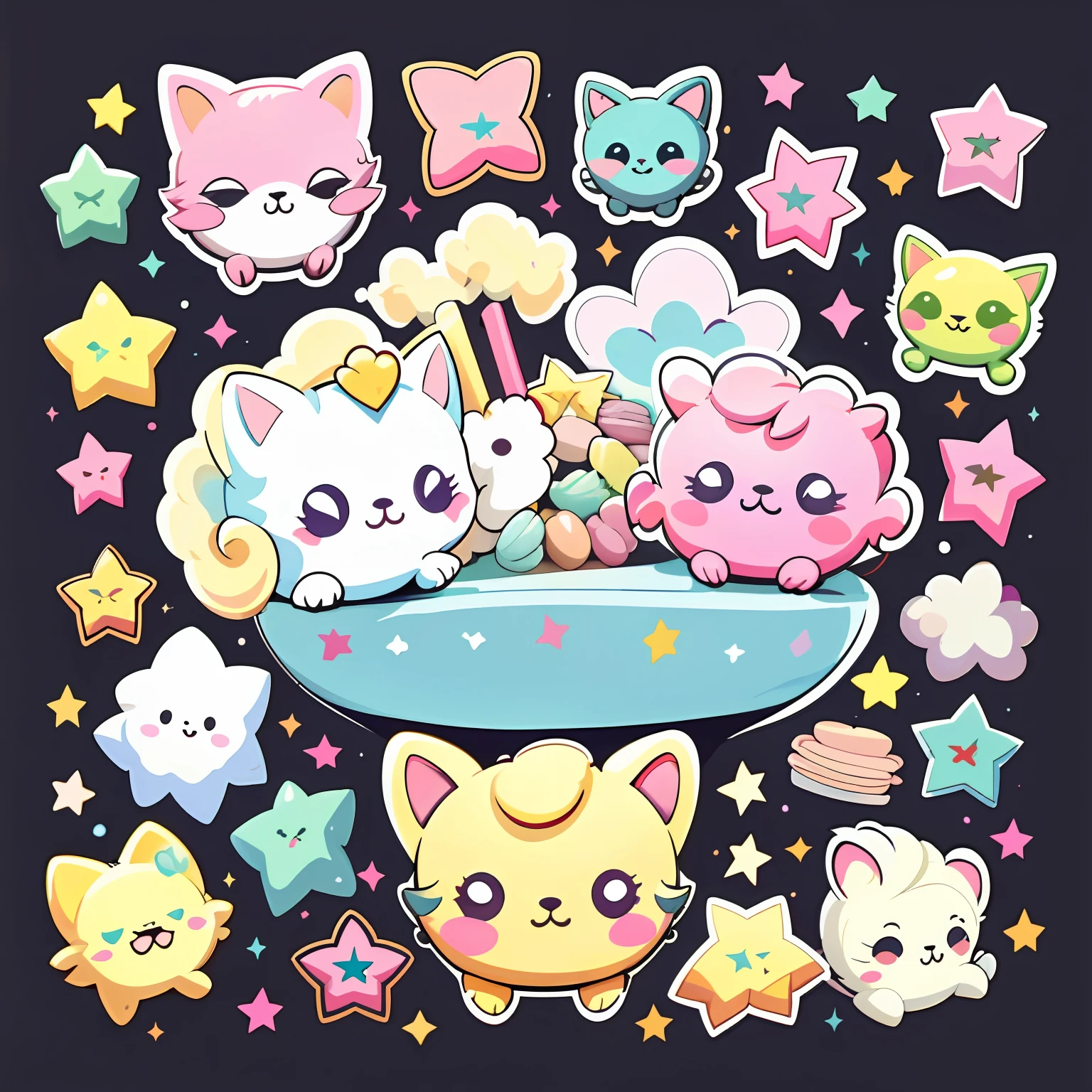 Macaron color scheme,1sticker,a sticker, (adolable,pussycat),As estrelas, white backgrounid, nothing background, simple backgound, dk, adolable, Small, pastel colour, vectorstyle, no gradien,
