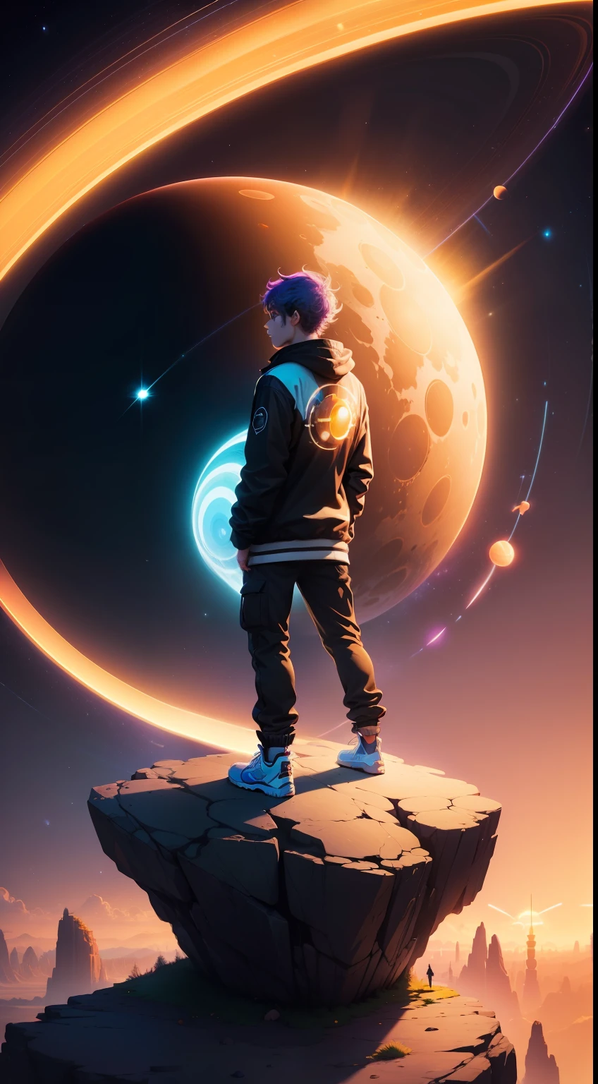 a man standing on a rock looking at a planet with saturn in the background, beeple and jeremiah ketner, beeple colors, inspired by Cyril Rolando, beeple!!, beeple masterpiece, cosmic and colorful, jen bartel, in style of beeple, in style of cyril rolando, beeple artwork