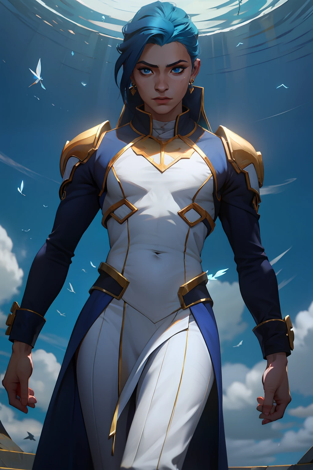 Emily Clark como uma deusa do caos, usando um belo vestido de ceda azul largo cobrindo seu corpo, com sua pele com manchas de cores diferentes e veias marcadas como se fossem raios ao redor de seus olhos. uma adaga na cintura e um aro de ouro flutuando ao redor do seu corpo na altura dos seus ombros