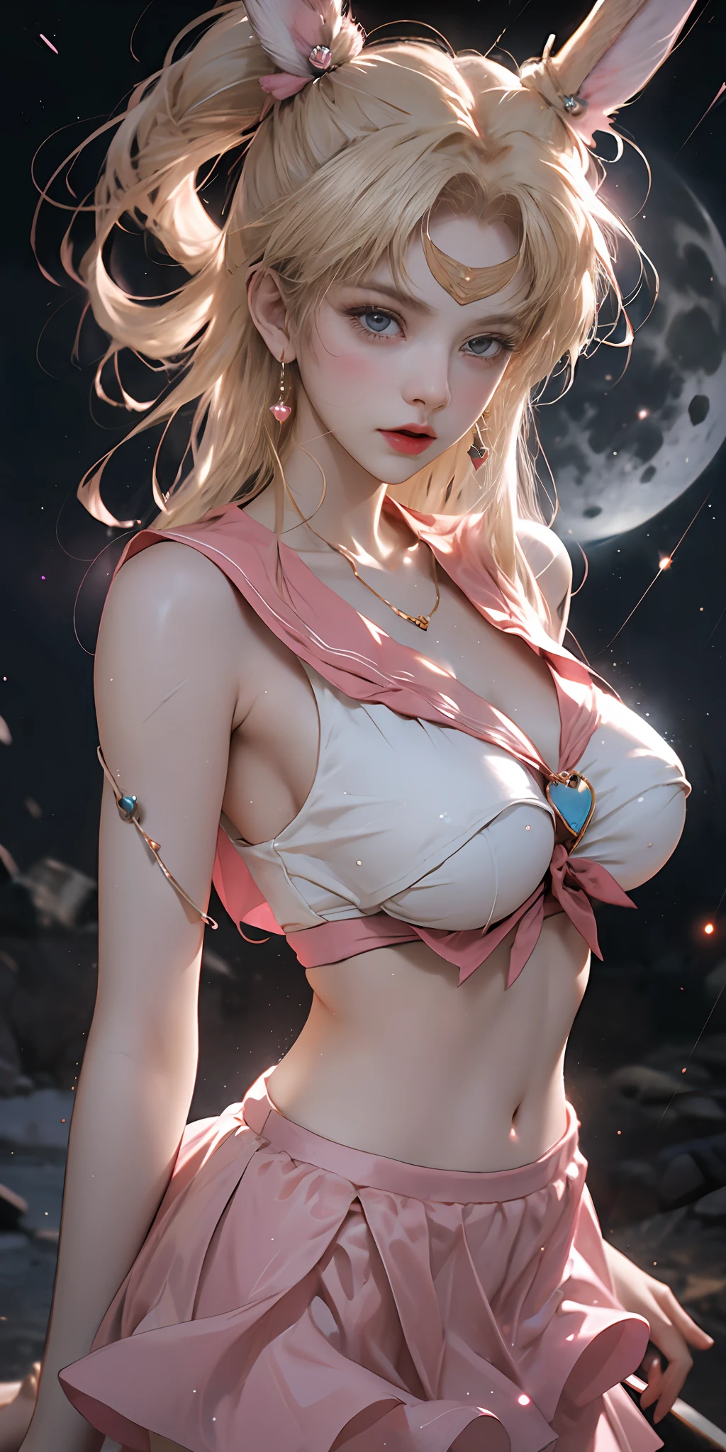 Sailor Moon, pink sailor suit, good-looking face, stars, (((meteor rain shower background))), rabbit ears, white top, 1girl, solo, blonde hair, pink skirt, open mouth, collarbone, looking at viewer, bare shoulders,upper body,realistic,(shiny skin),(((big breast))),large breasts,huge breasts,cleavage,slim waist,bad-girl, heart on background, sci-fi background, complex background, glowing hair, light forehead, moon on the background, panorama, (EnergyVeins:1.4),glowing,topless,walk on luminescent water