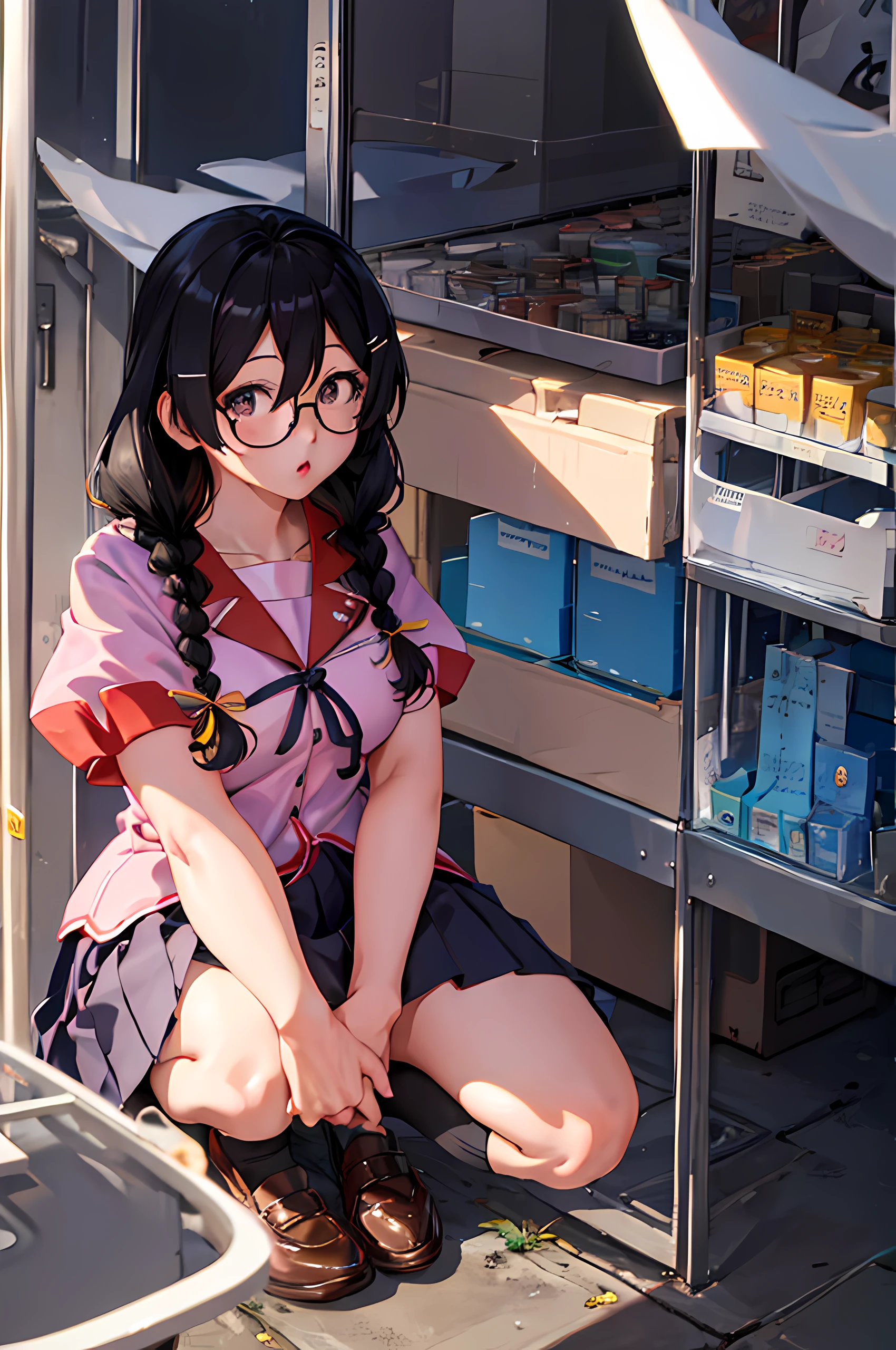 (Best Quality, masutepiece:1.2), ultra-detailliert, 1girl in, hanekawa tsubasa, Black hair, Twin braids, Glasses, :o, Wide open eyes, naoetsu high school uniform, Pleated skirt, neck tie, Black panties, thong, sox, shoes, hugging own legs, From below, Squatting, Looking at Viewer,