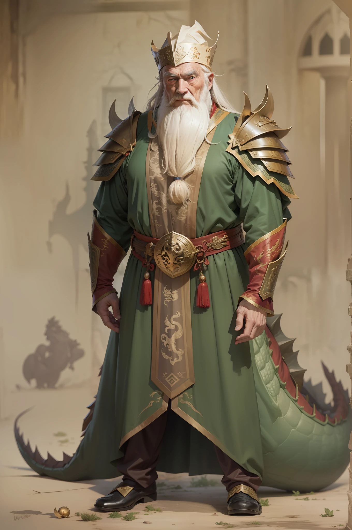 Man,dumbledore,a old man,Big chest,wearing an outfit,He wears Chinese dragon armor,Wearing a crocodile head hat,muscle men ,Realiy
