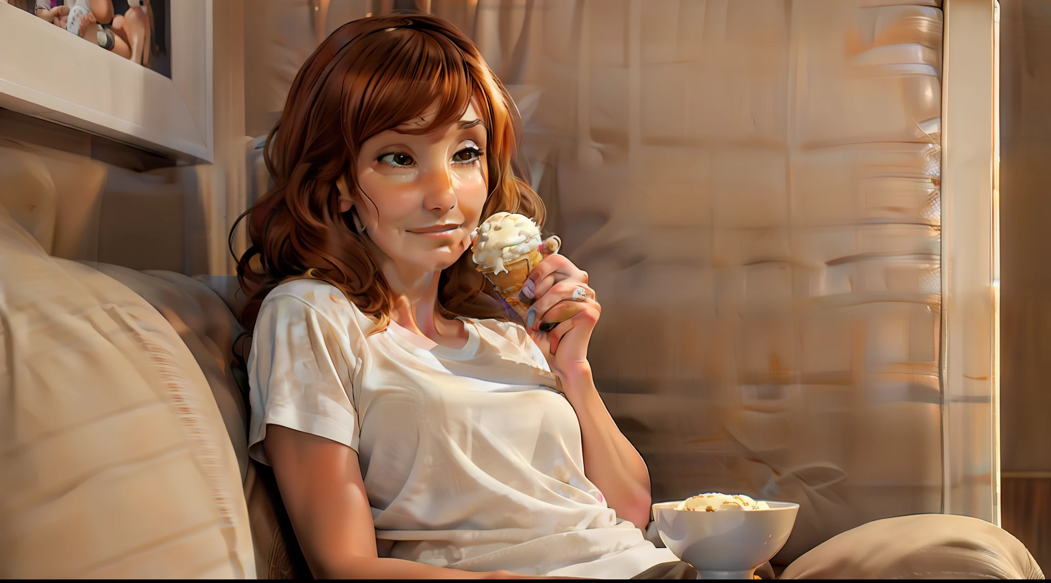 Image of Kari Byron aged 54, sad look, tired face, wearing a white shirt, sweatpants, (100% brown hair), sitting on a sofa, watching television, eating a bowl of ice cream, realistic texture, high quality, realistic skin, face with marked expression lines, look centered on the television, natural light, night,