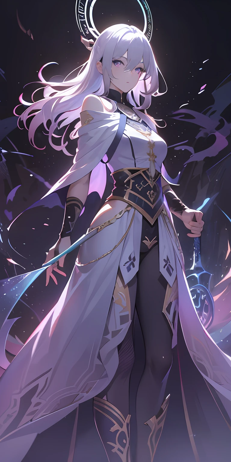 (masterpiece, best quality, ultra-detailed, best shadow), (detailed background,dark fantasy), (beautiful detailed face), high contrast, (best illumination, an extremely delicate and beautiful), ((cinematic light)), colorful, hyper detail, dramatic light, intricate details, (1girl, solo,white hair, sharp face,purple eyes, hair between eyes,dynamic angle), swirling black light around the character, depth of field,black light particles,(broken glass),magic circle, high detail, goddess, warrior, full body, holding magical sword,