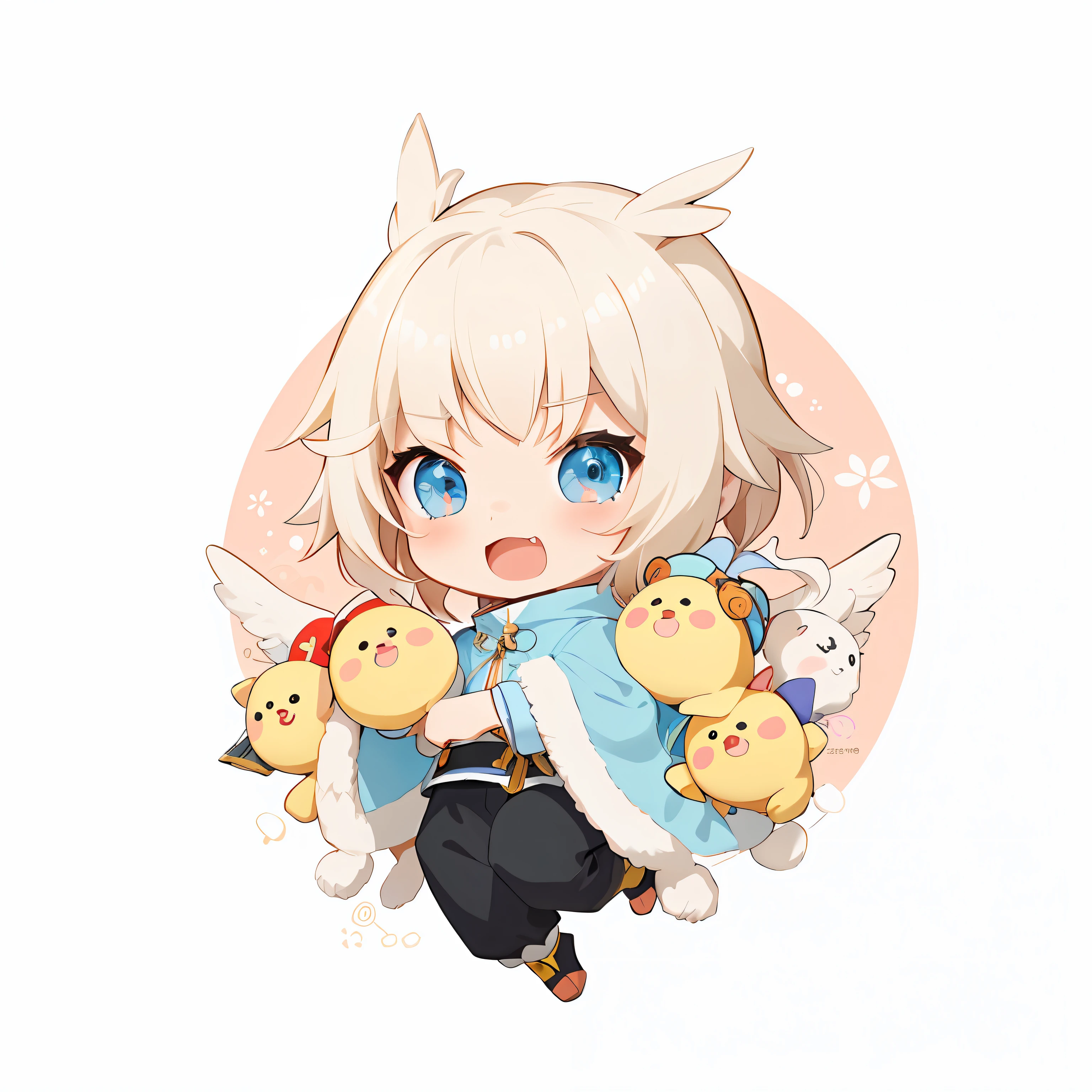 Anime figure,Holding a bunch of stuffed toys in his hand, Loli, Official illustration, Keqing from Genshin Impact, Genshin, official fanart, with chicks, Anime moe art style, offcial art, zhongli from genshin impact, zerochan art, shirabii, Cute:2, Pisif, zerochan, Splash art anime Loli