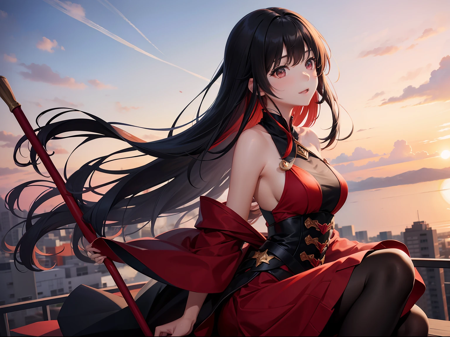 Black-haired girl in red clothes straddling a long broom、flying into the sky。beautidful eyes