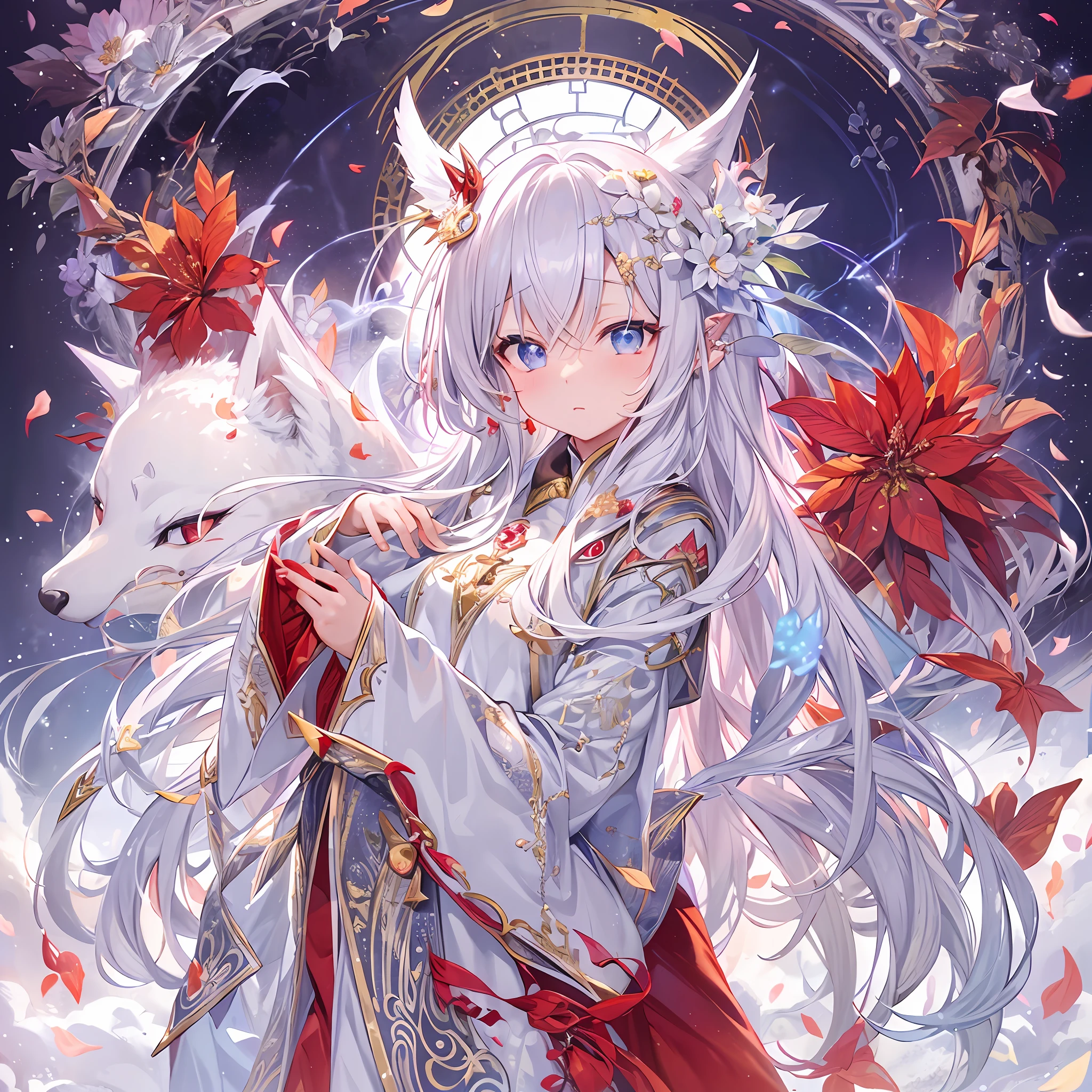 high-level image quality、hiquality、masterpiece、Fantastical、Glittering poinsettia、Glitter petals flutter、Many petals、Dynamism、One Girl With Silver Hair、Sparkling eyes、Eyes that seem to be sucked in、Bewitching、Air bubbles、Dramatic、stroking the cheek with your hand、Enlarge your face、Moon Night、Big Full Moon、Four big wings like an angel、Heavenly daughter、Rin々Shishi Face、Straight gaze、Long-bodied fox、The moment of becoming a dragon from a person、Leprechaun、White Dragon、Beautiful background with lots of text