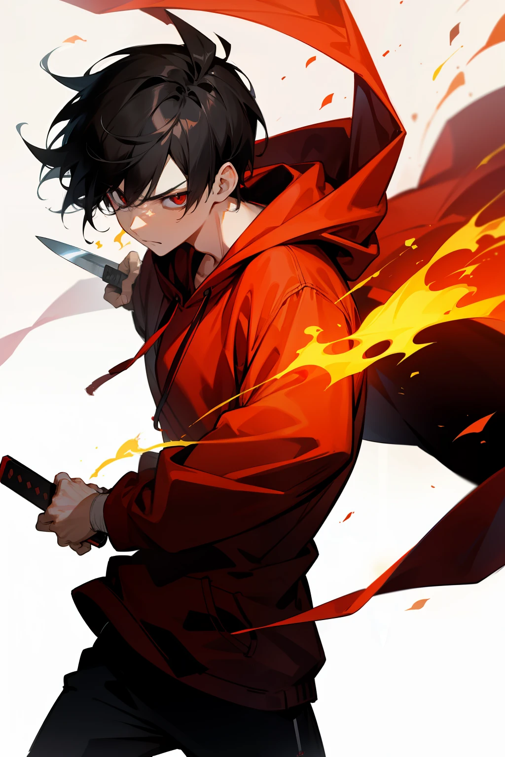 Boy Black hair Red hoodie Holding a long knife in one hand Flames wrapped around the knife Determined look White background