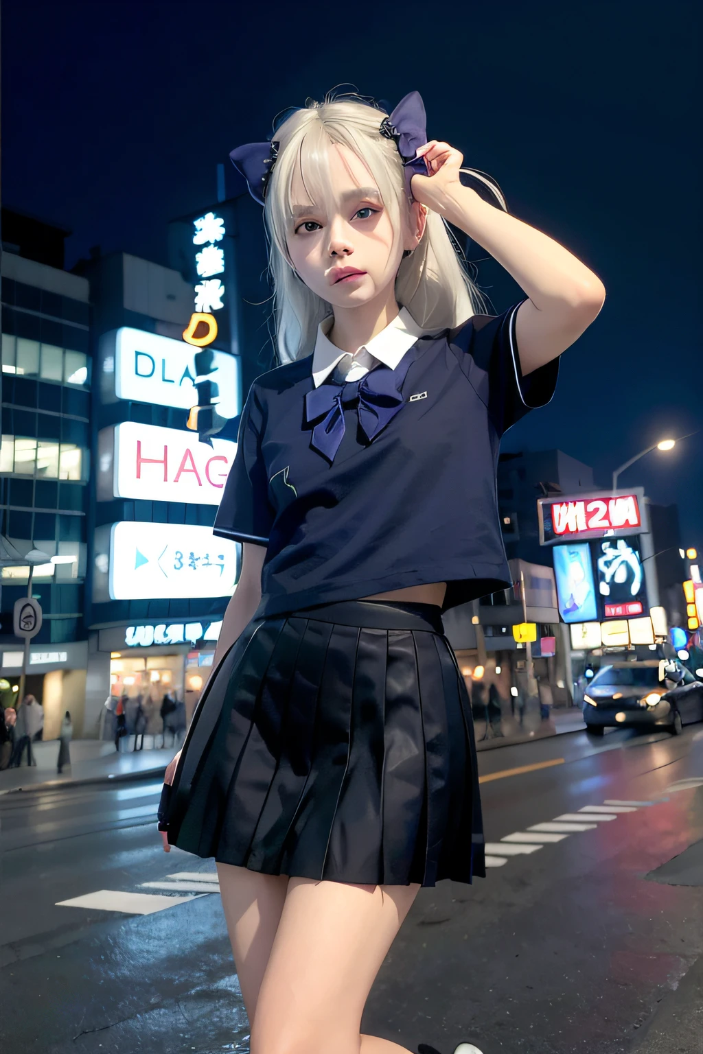 (8k, RAW photo, best quality, masterpiece:1.3),(realistic,photo-realistic:1.37),(night),(looking at viewer:1.331),(white hair),posing,Tokyo street,nightcityscape, cyberpunk city,soft light,1girl,extremely beautiful face,bust,put down hands,Random hairstyle,Random expression,big eyes, ,lower abdomen,(short-sleeved
JK_shirt),JK_style,(dark blue JK_skirt) ,(bow JK_tie),mix4