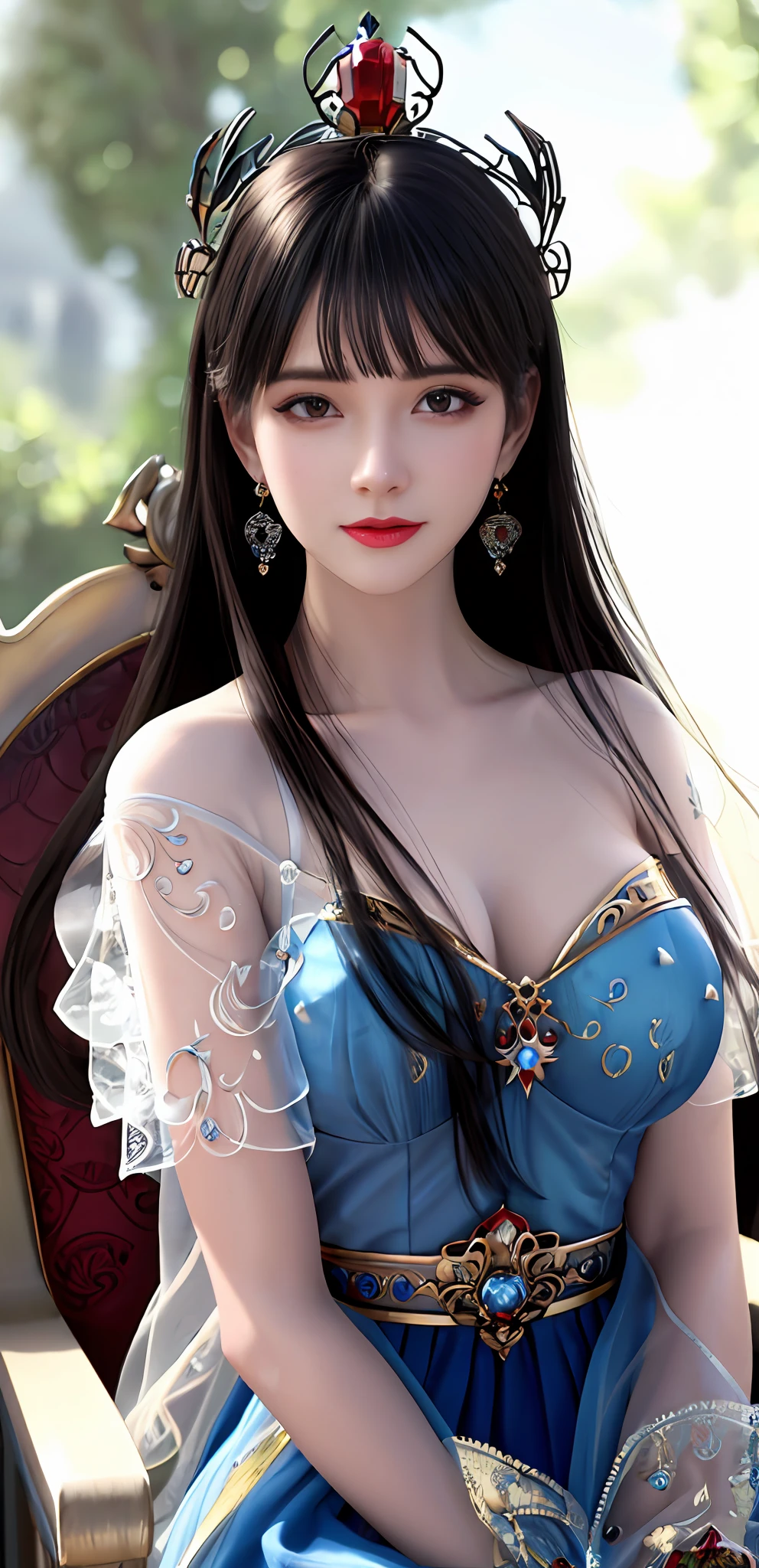 (realisticity: 1.2), best quality, 8K UHD, masterpiece, highres,cg,
1 super detailed girl, super detailed queen
, sitting on a super detailed royal throne, lud, xurious royal palace background, beautiful and detailed, super detailed long hair, wearing a beautiful and luxurious crown with diamonds and super detailed,
super detailed dress,
solo, jewelry, super detailed red and blue dress, pretty face, beautiful, and super detailed,
, earrings, super detailed hairdo, splashing, the upper body is very super detailed, super detailed hair bun, super detailed black hair,
lighting,candid,Photograph,high resolution,4k,8k,Bokeh,
