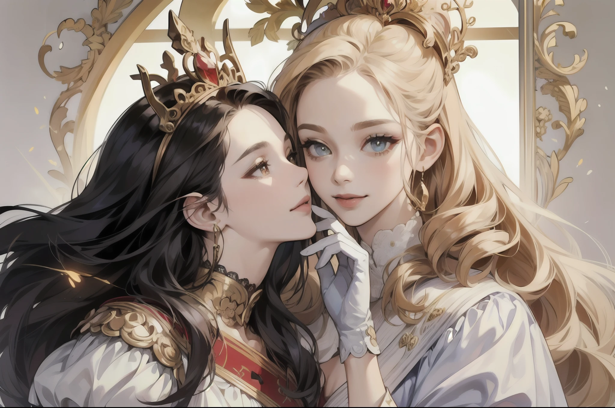 2 women aligned, smile, jewel, gorgeous, splendid, luxurious, (golden), goddess, motherhood, queen, drill hair, (forehead), saints, mature women, embroidery, cape, white dress and gloves, gleaming skin, detailed pupils, perfect eyes, perfect face, (((face focus))), Simple Background, masterpiece, official, best quality, high resolution, all intricate,