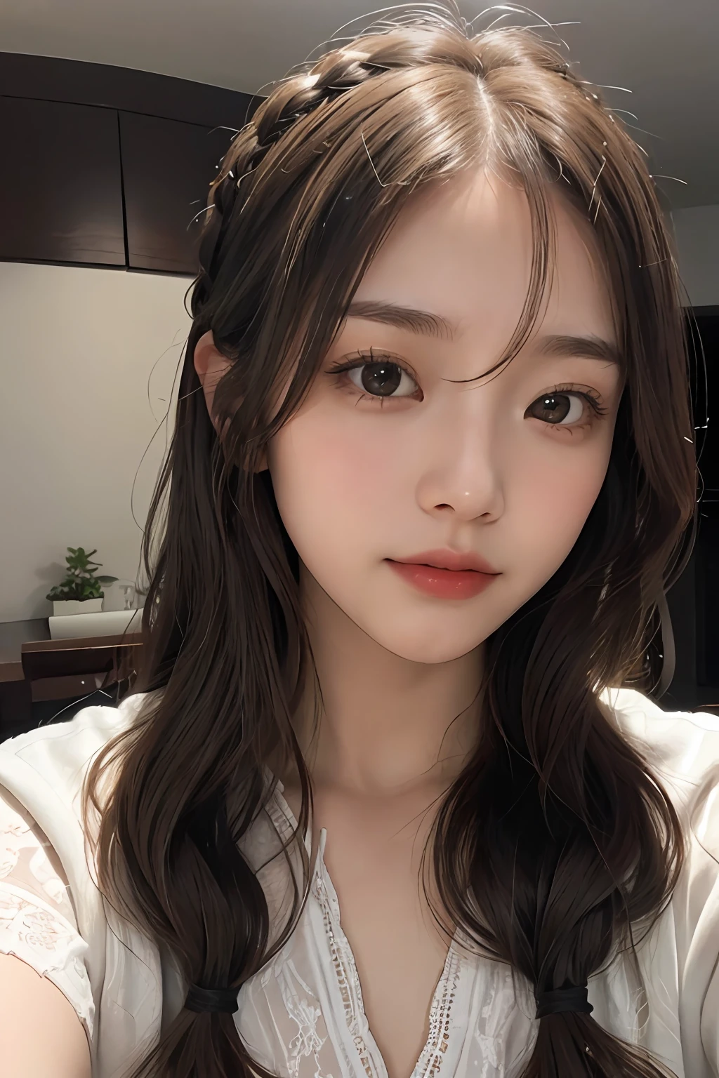 (frontage:1.4)、((1girl in)),Light Brown Fringe Hair、Braided hair、disheveled hair、Light brown eyes、(dignified expression)、(爆乳:1.4)、Emphasize the valley、Hotel、(Photorealsitic)、(intricate detailes:1.2)、(masterpiece、:1.3)、(top-quality:1.4)、(超A high resolution:1.2)、超A high resolution、(A detailed eye)、(detailed facial features)、(Simple white underwear:1.2),