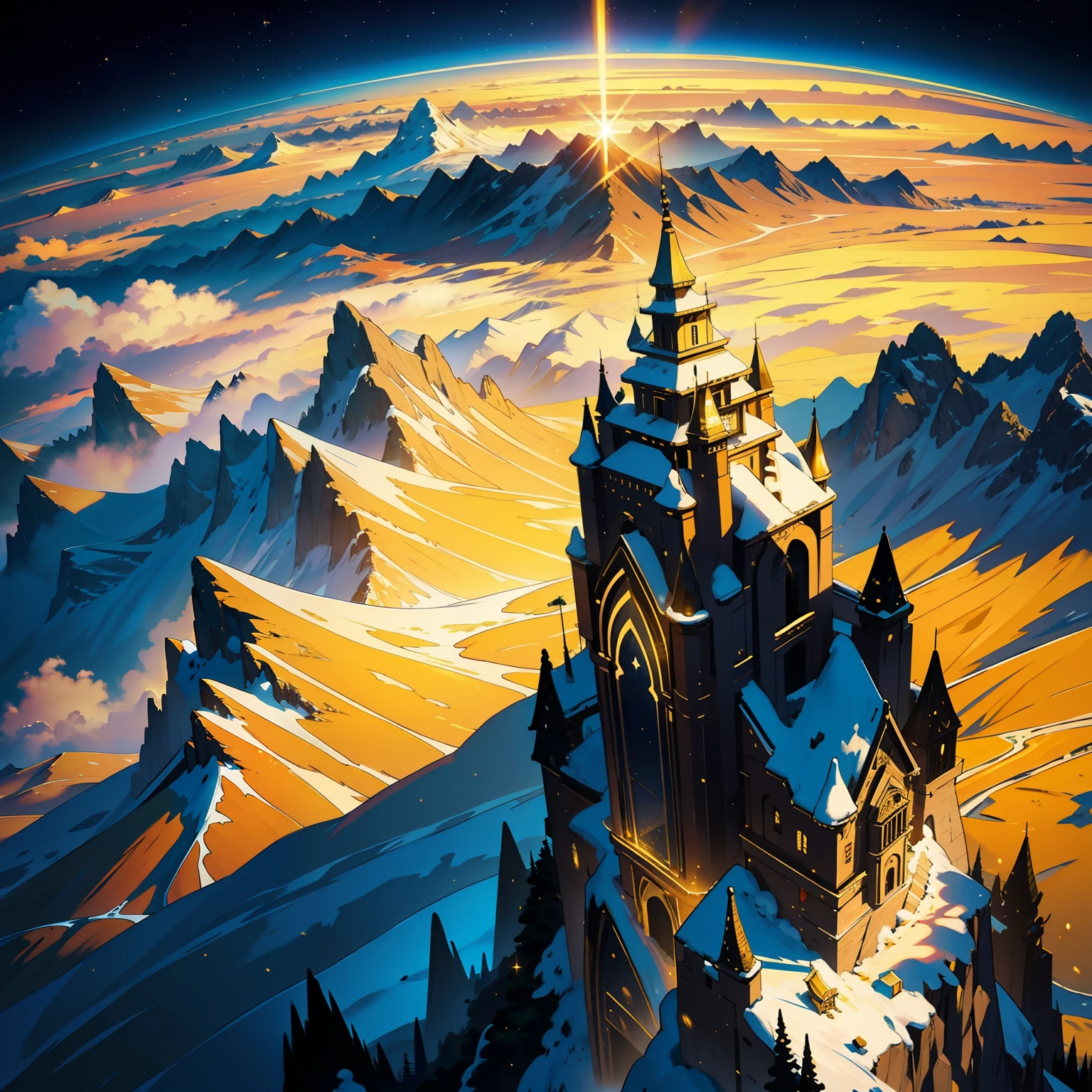 vale,gold light,Big Mountain,mid air,There is golden light everywhere,Faraway view,Very beautiful,Golden light