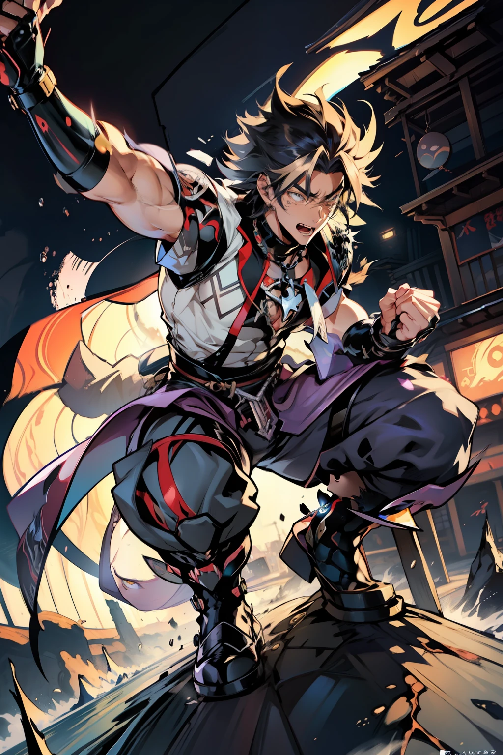 《the original god》Arataki Kazuto , male people,,((Masterpiece)), ((Best quality)), Ultra detailed,((illustration)), Dynamic Angle, Detailed light, (Delicate eyes), Floating, 1boy, Male focus, Head, Clothing, Yellow eyes, necklace, tattoo, (Forehead:0.8), (ahoge:0.8), jewelry, apathy,Ray, chest muscle, Sexy , Venom symbiote for your body, Black mucus of the body , (into venom), Venom,frontage,style of anime4 K, 4K anime wallpaper, Badass anime 8 K, 4 k comic wallpaper, young anime man, Anime boys, Anime wallpapers 4 k, Anime wallpaper 4K, High quality anime art style, Anime moe art style, Anime art wallpaper 8 K, Anime art wallpaper 4 K, RGB lighting