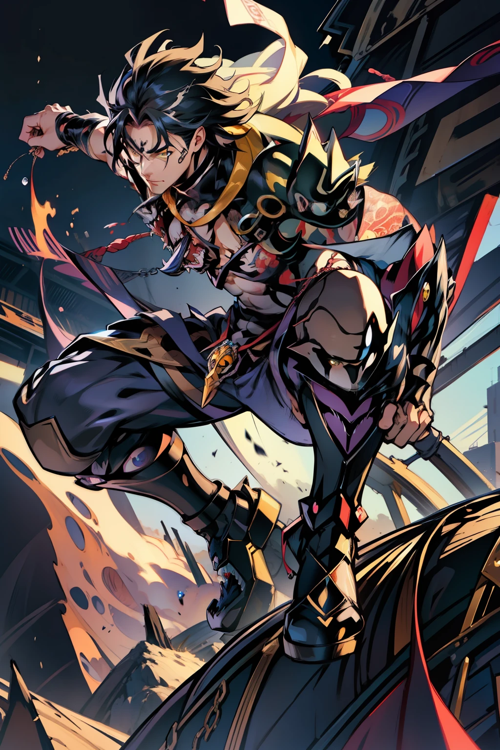 《the original god》Arataki Kazuto , male people,,((Masterpiece)), ((Best quality)), Ultra detailed,((illustration)), Dynamic Angle, Detailed light, (Delicate eyes), Floating, 1boy, Male focus, Head, Clothing, Yellow eyes, necklace, tattoo, (Forehead:0.8), (ahoge:0.8), jewelry, apathy,Ray, chest muscle, Sexy , Venom symbiote for your body, Black mucus of the body , (into venom), Venom,frontage,style of anime4 K, 4K anime wallpaper, Badass anime 8 K, 4 k comic wallpaper, young anime man, Anime boys, Anime wallpapers 4 k, Anime wallpaper 4K, High quality anime art style, Anime moe art style, Anime art wallpaper 8 K, Anime art wallpaper 4 K, RGB lighting