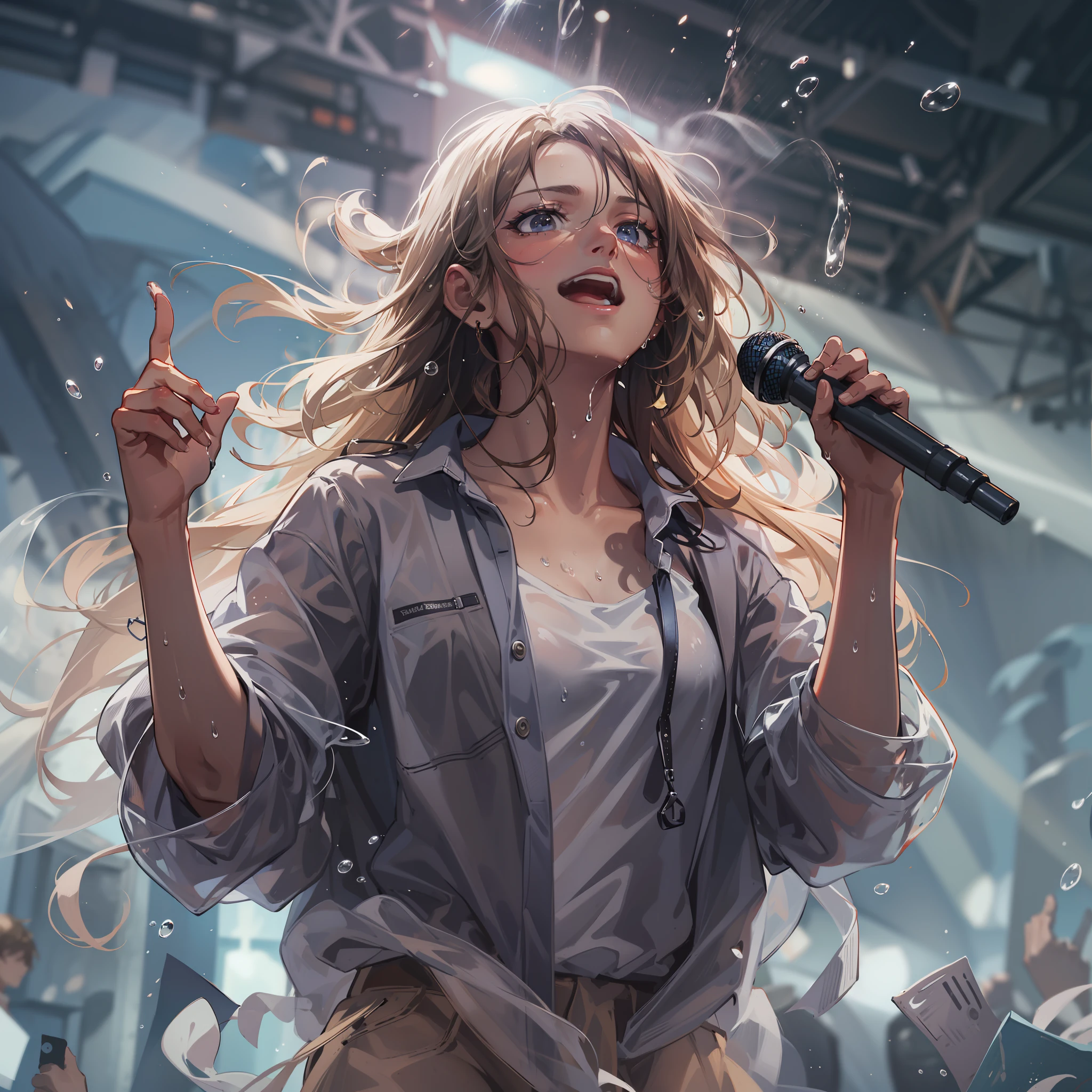 a sense of depth,concert,Wet clothes,Blowing in the wind:1.1,See-through clothes:1.1,wave her hand:1.1,A smile,Idol,Hold the microphone:1.1,Sing a song:1.1,Sweat splashes,swet,4K, (Raw photo: 1.2), (Realism: 1.4), (masutepiece: 1.3), (exquisite detailing: 1.2), Delicate and beautiful details, (Eye Detail), (Facial Detailed), (Highest Quality:1.4), (very detailed illustration), Best Quality, Super Resolution,Wide light, natural shadows