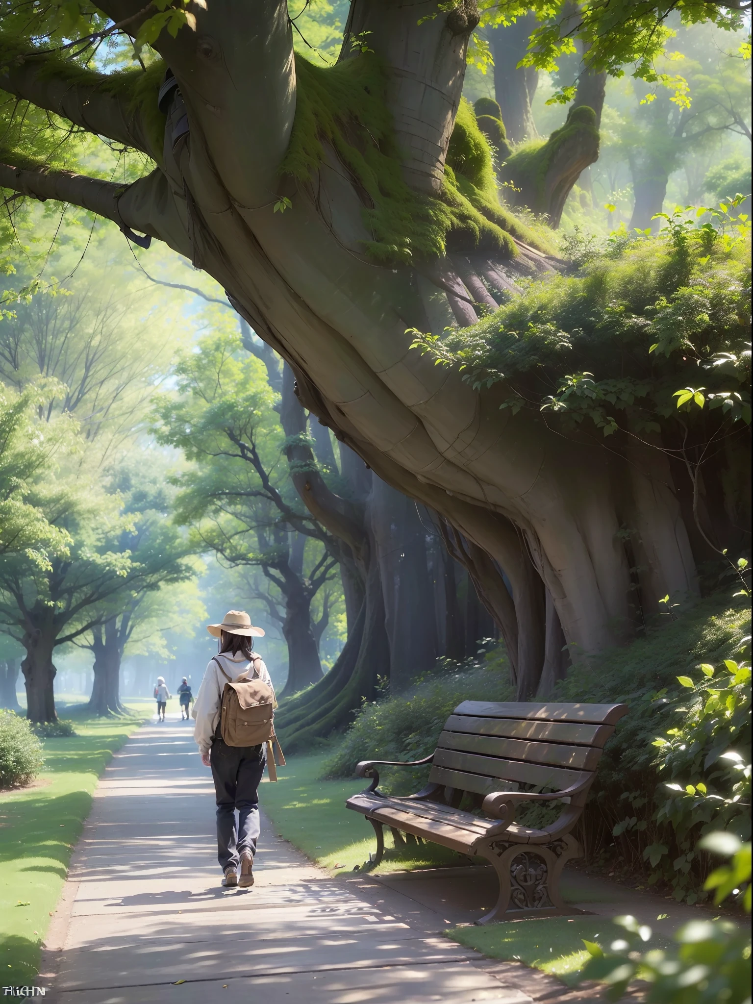 (((hight resolution)))、(in 8K)、 (((ighly detailed)))、(top-quality、masterpiece:1.3)、((sharpnes))、ciinematic light、(taking a walk in the park1Man Woman)、A lot of big trees、the woods、Shade、Sunlight、1 bench、