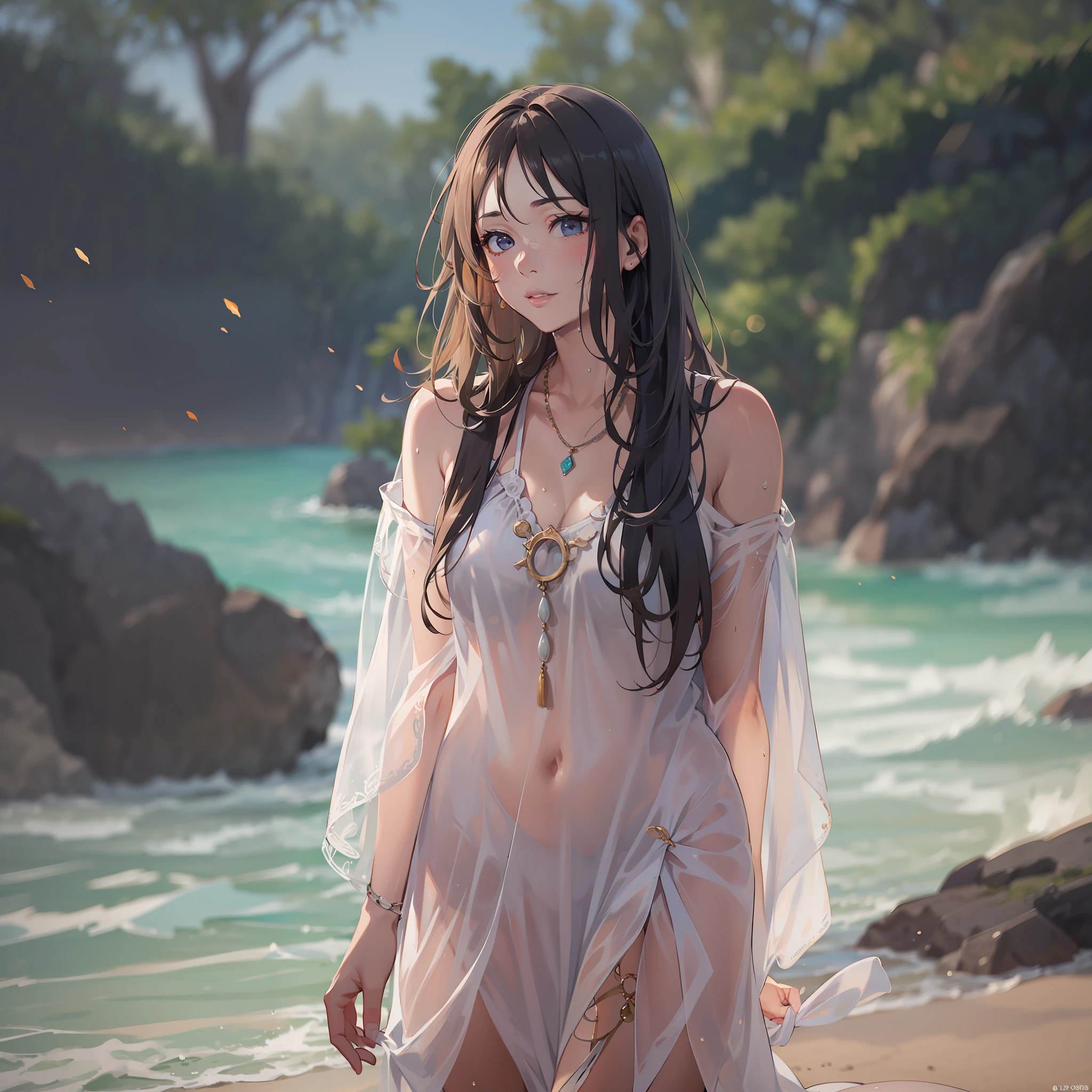 garments:Soaking wet translucent dress:1.1,and strappy sandals、 accessory:shell necklace、 The hair:Soaking wet hair:1.1、 make - up:natural, Glowing skin、Wearing sweat, BEReaction:relax、Free-spirited、 The location:the beach、Resort、outdoor festival、big breaks,4K, (Raw photo: 1.2), (Realism: 1.4), (masutepiece: 1.3), (exquisite detailing: 1.2), Delicate and beautiful details, (Eye Detail), (Facial Detailed), (Highest Quality) :1.4), (Hyper-Resolution: 1.2), cinematric light, (very detailed illustration), (Best Quality, Super Resolution, depth of fields, Wide light, natural shadows