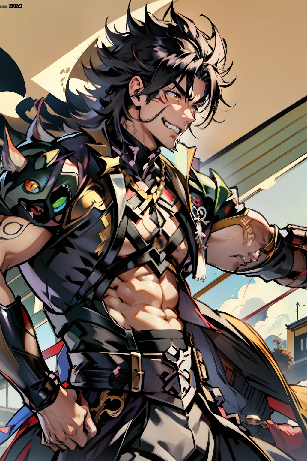 《the original god》Arataki Kazuto , male people,,((Masterpiece)), ((Best quality)), Ultra detailed,((illustration)), Dynamic Angle, Detailed light, (Delicate eyes), Floating, 1boy, Male focus, Head, Clothing, Yellow eyes, necklace, tattoo, (Forehead:0.8), (ahoge:0.8), jewelry, apathy,Ray, chest muscle, Sexy , Venom symbiote for your body, Black mucus of the body , (into venom), Venom,frontage,style of anime4 K, 4K anime wallpaper, Badass anime 8 K, 4 k comic wallpaper, young anime man, Anime boys, Anime wallpapers 4 k, Anime wallpaper 4K, High quality anime art style, Anime moe art style, Anime art wallpaper 8 K, Anime art wallpaper 4 K, RGB lighting